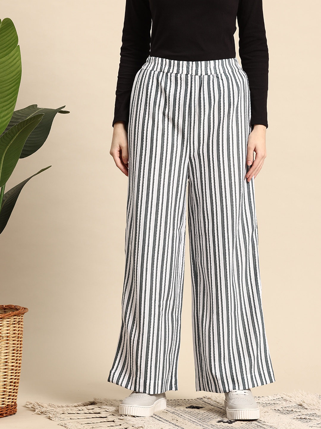 

Mast & Harbour Women Self-Striped Embroidered Detail Flared Trousers, White