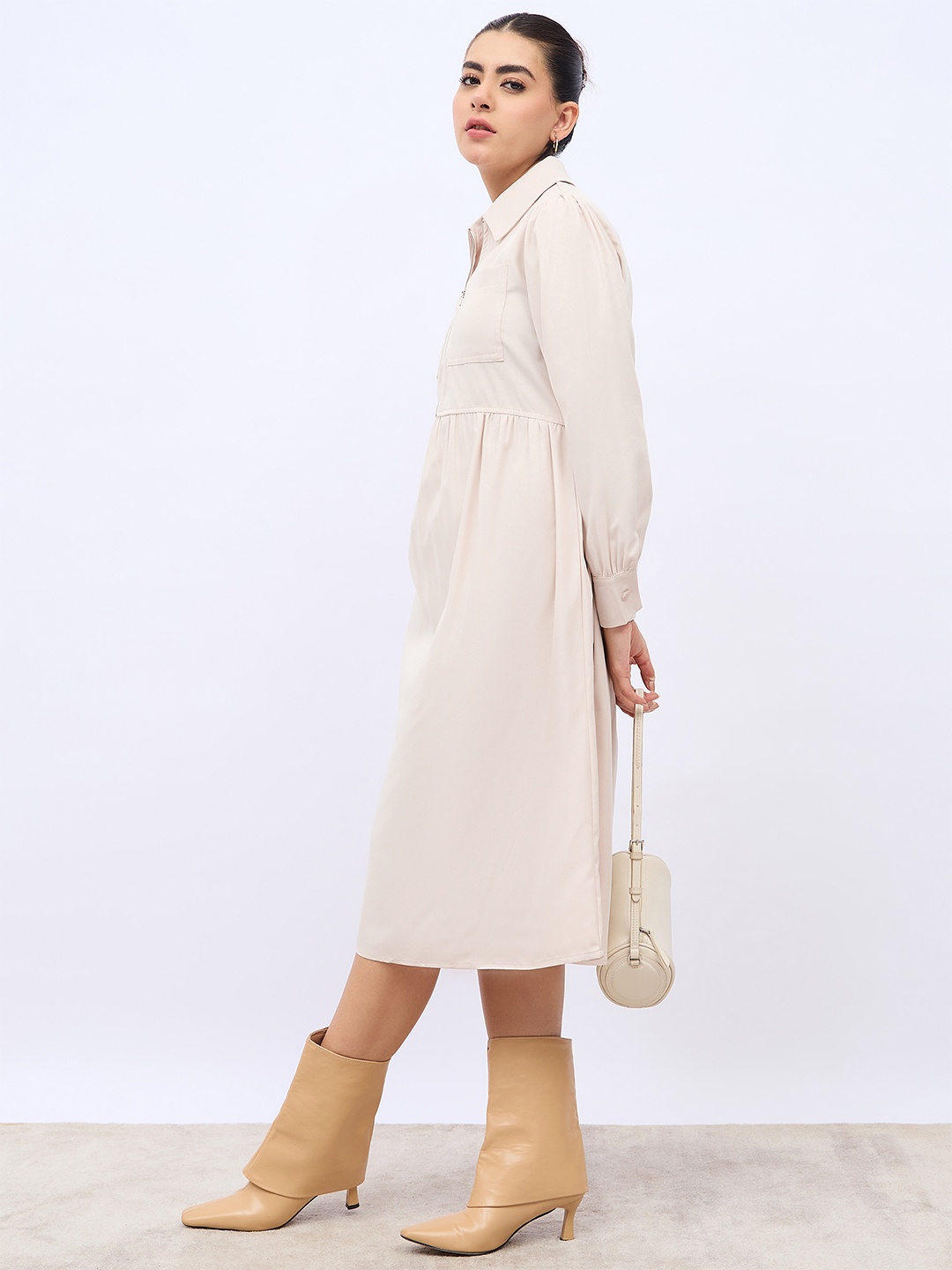 

Styli Beige Front Zipper Shirt Collar Puffed Sleeves Cotton A-Line Midi Dress