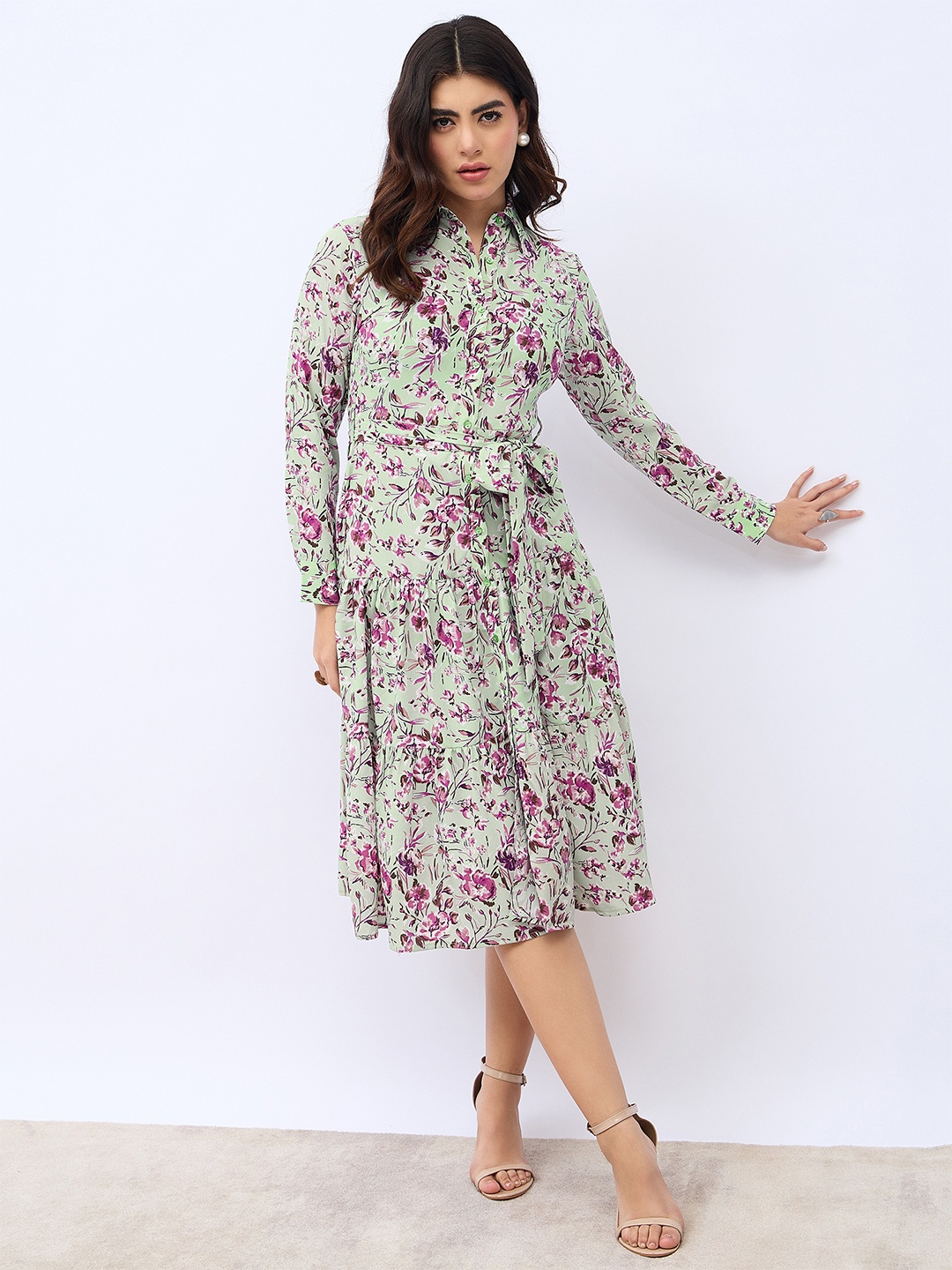 

Styli Blue Floral Printed Shirt Collar Puffed Sleeves Tiered A-Line Midi Dress