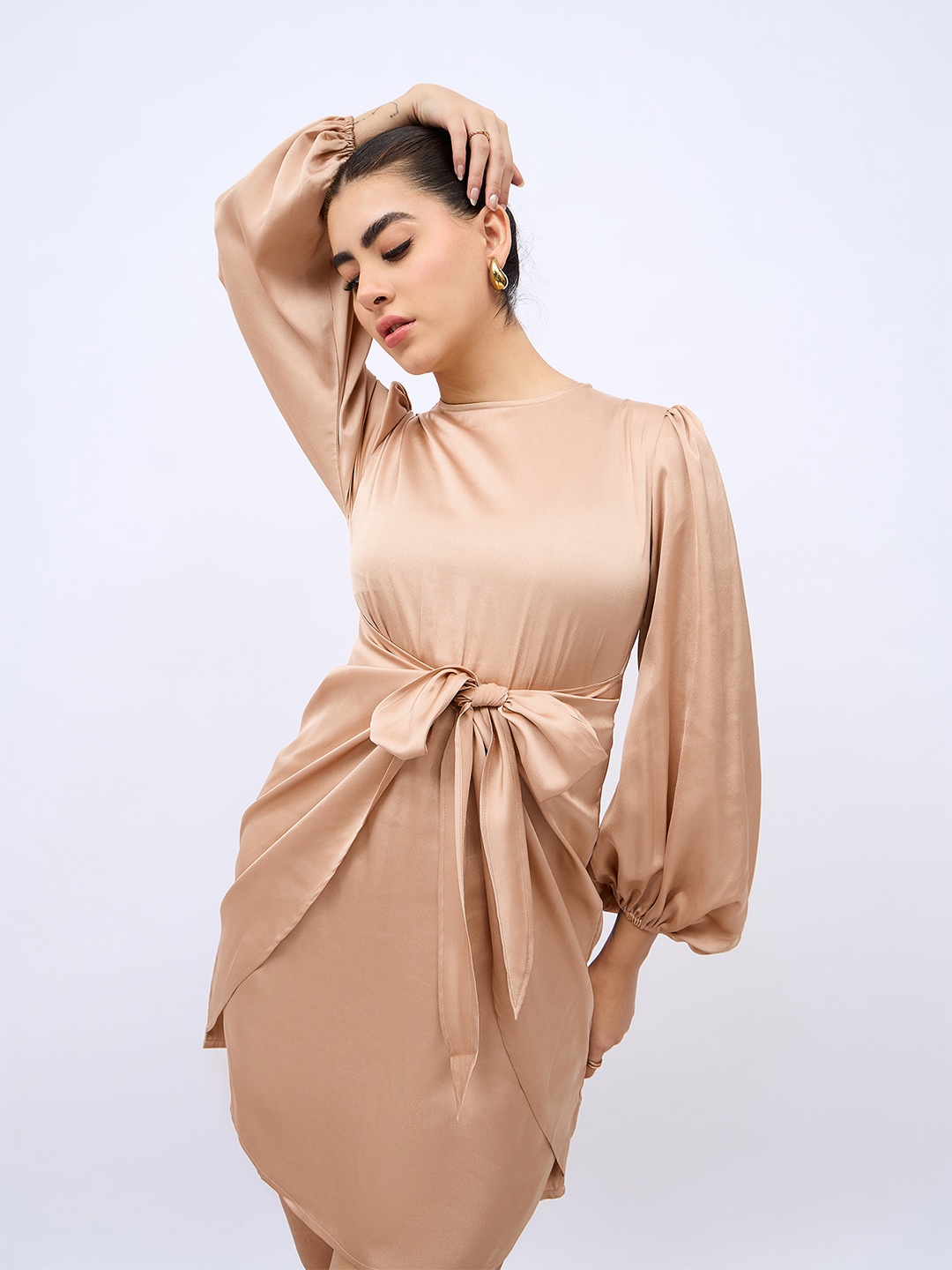 

Styli Beige Bishop Sleeves Waist Tie Up Sheath Mini Dress