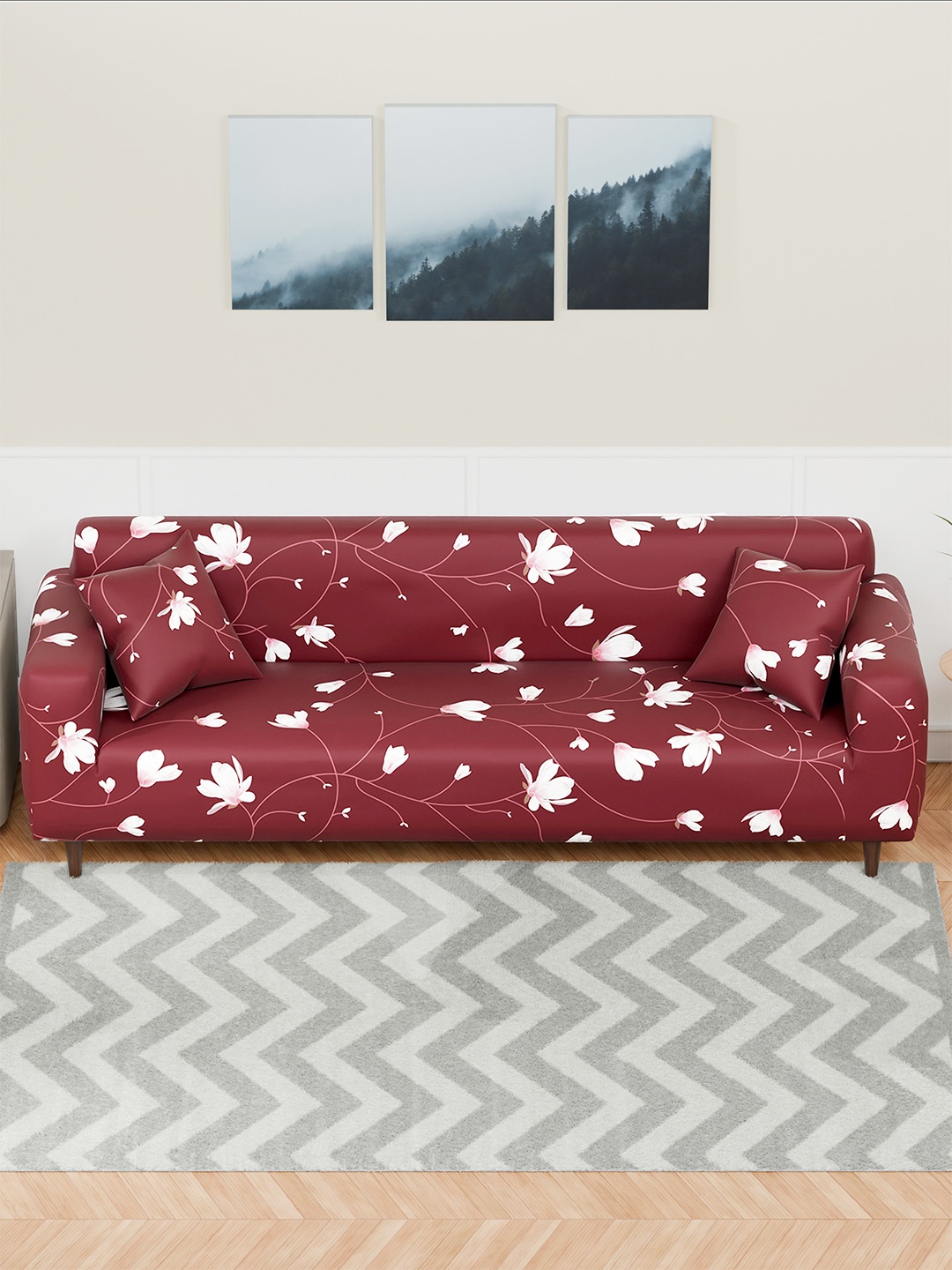 

Aura Maroon & White Floral Printed 4 Seater Sofa Cover With Arms