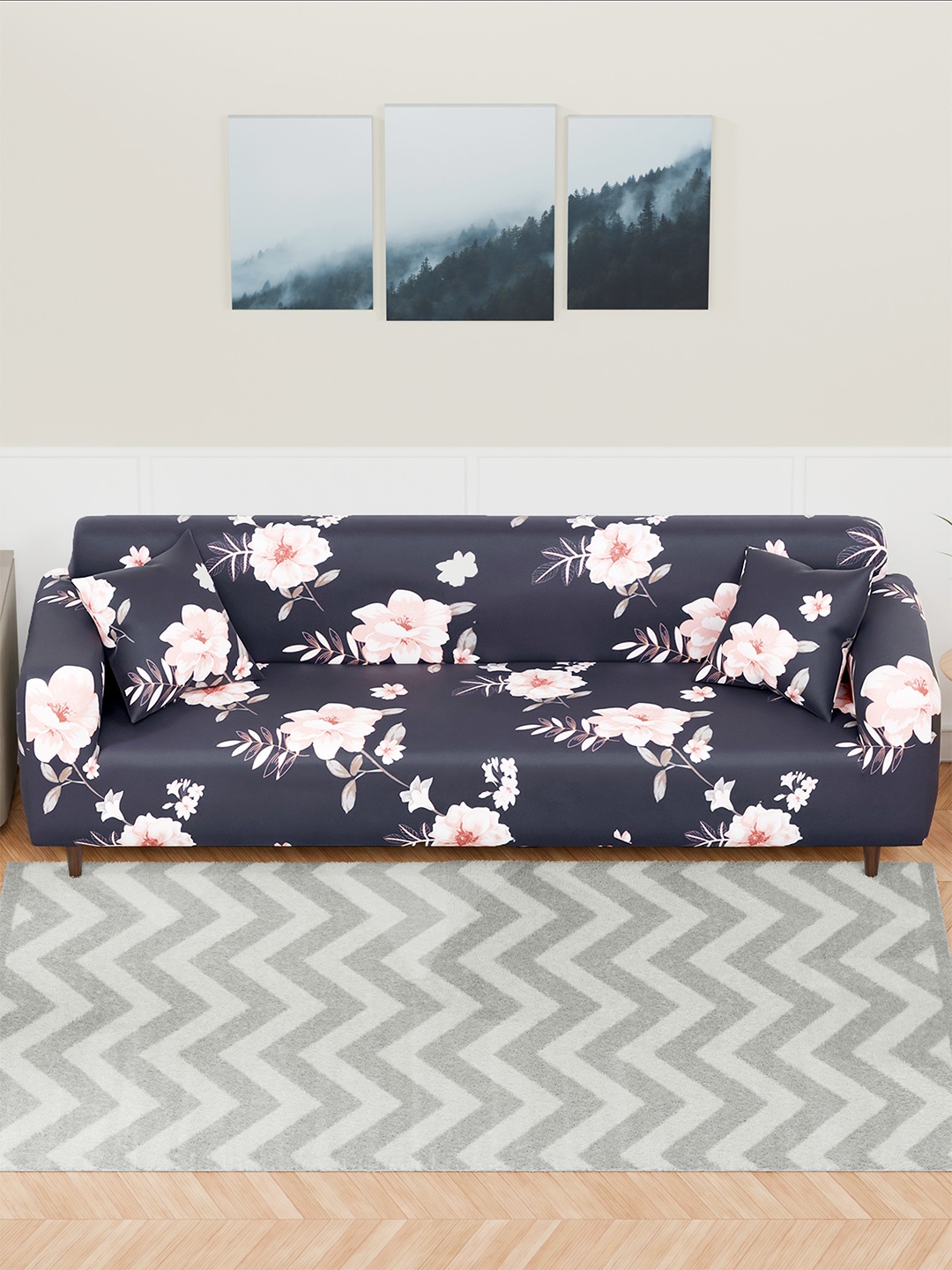 

Aura Black & Pink Floral Printed 4 Seater Sofa Cover With Arms
