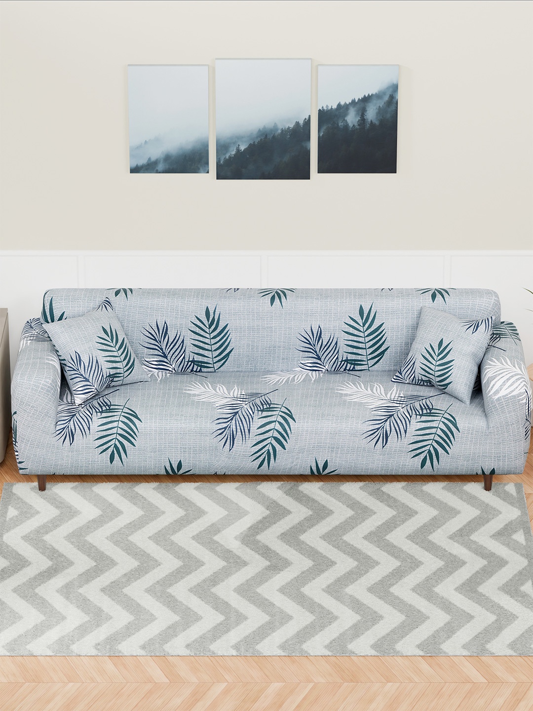 

Aura Grey & Black Tropical Printed 4 Seater Sofa Cover With Arms