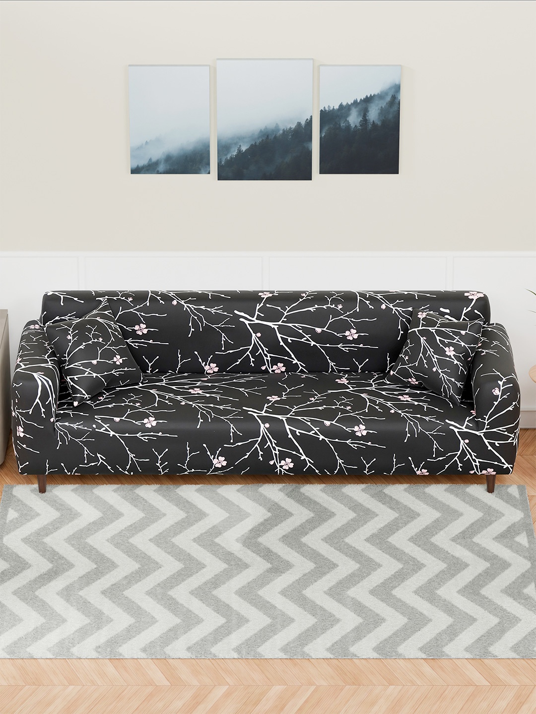 

Aura Black & White Stem Printed 4 Seater Sofa Cover With Arms