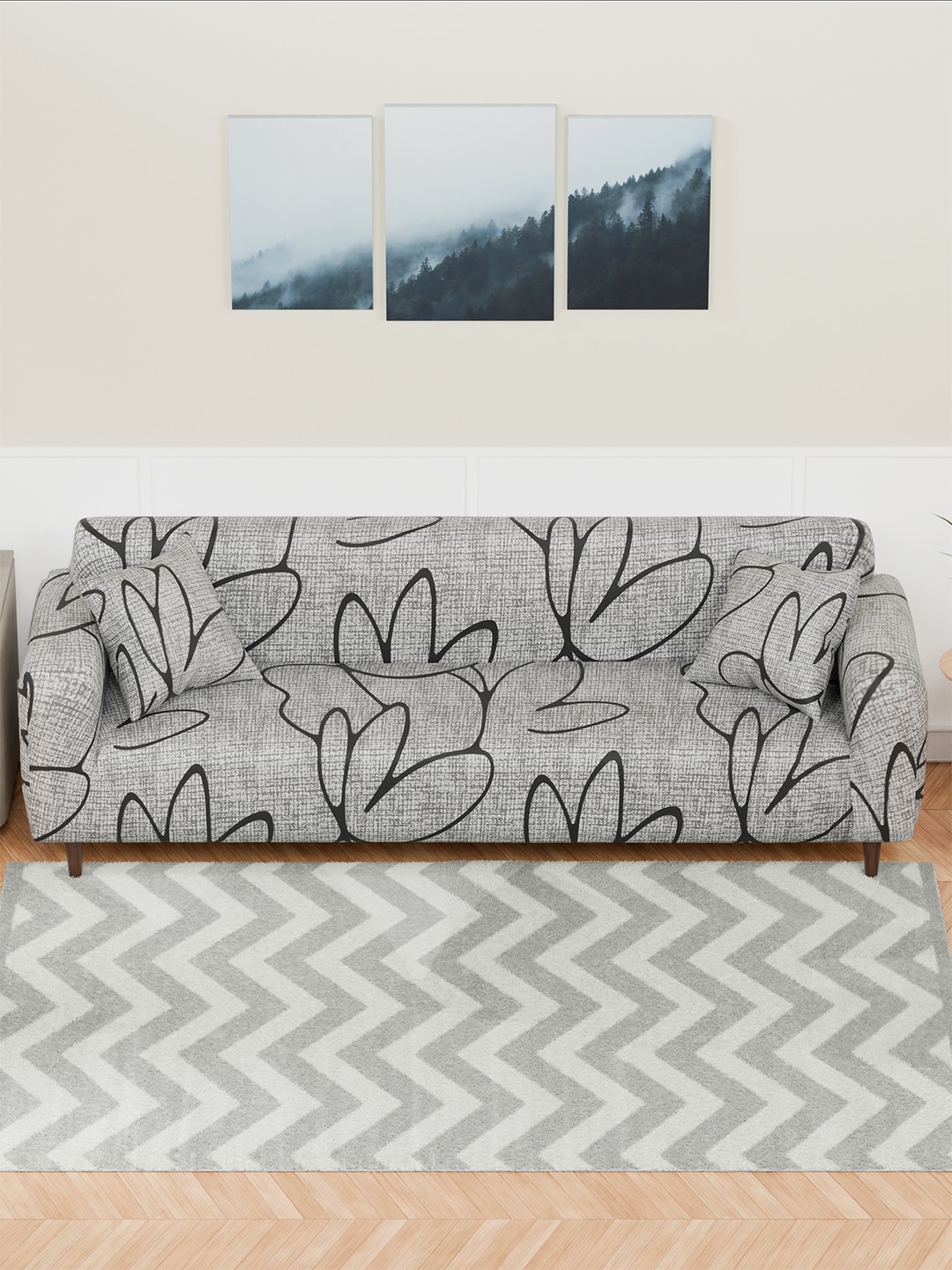 

Aura Grey & Black Tulip Printed 4 Seater Sofa Cover With Arms
