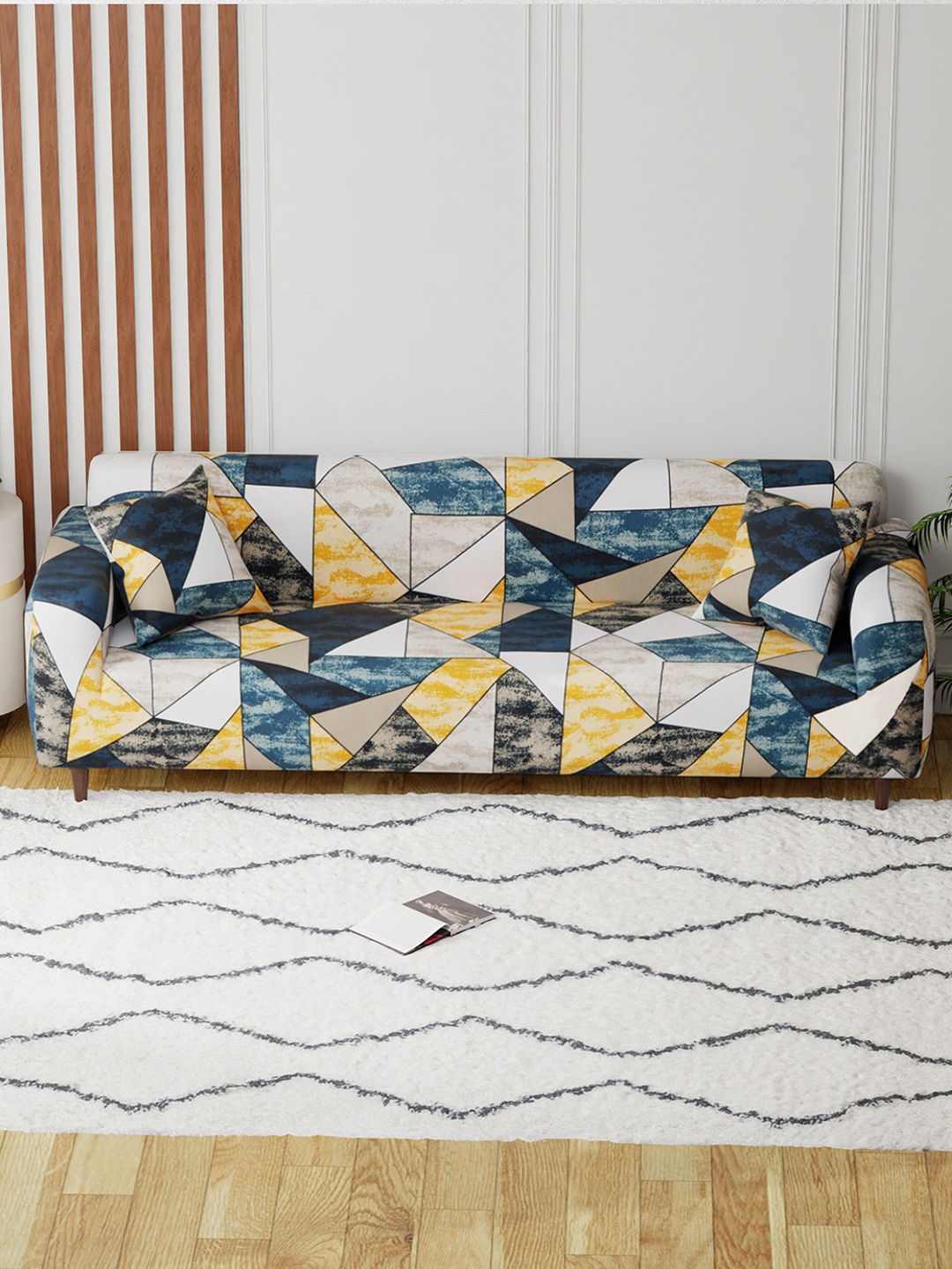 

Aura Yellow & White Abstract Printed 4 Seater Sofa Cover With Arms