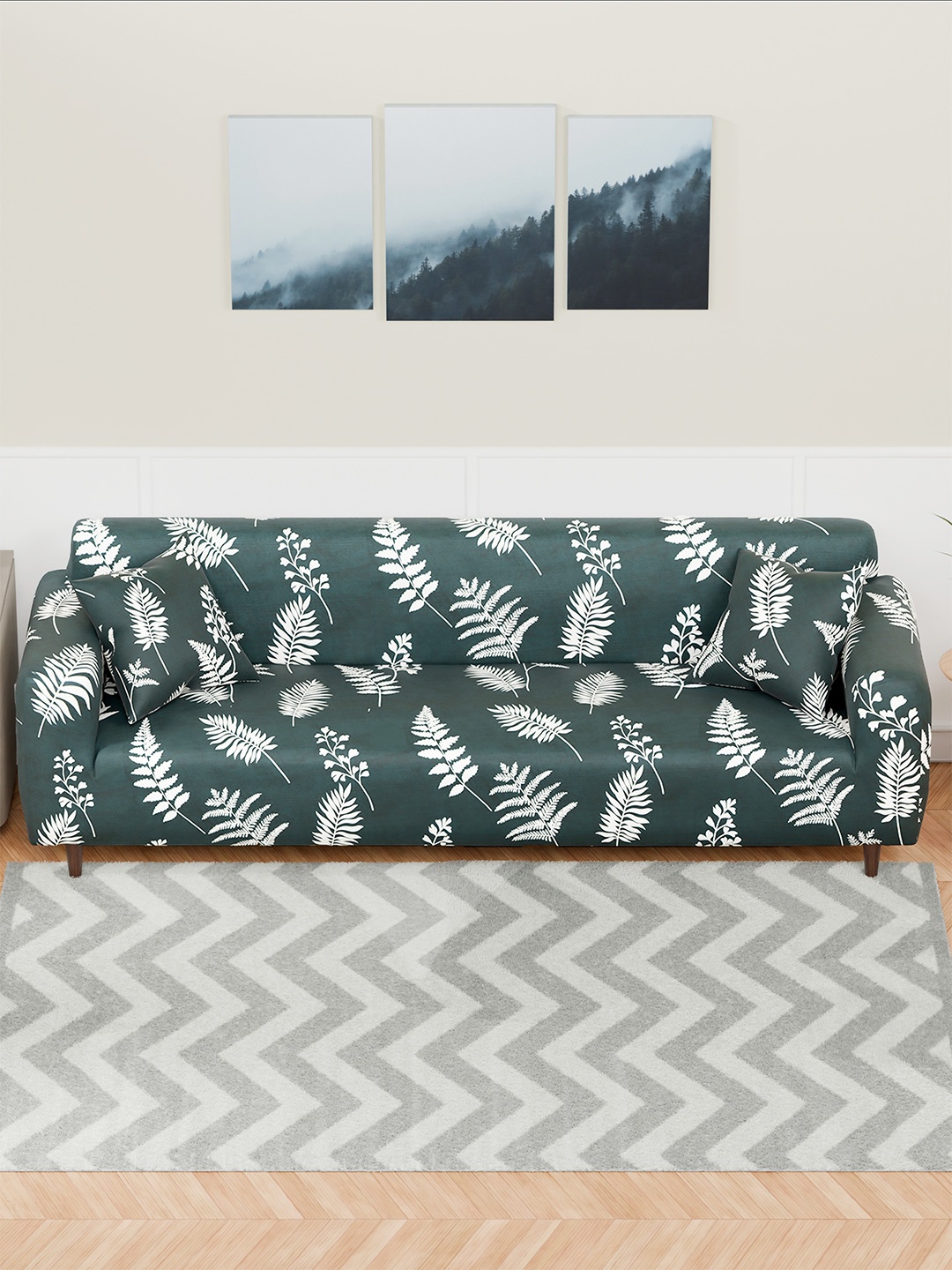 

Aura Green & White Floral Printed Printed Sofa Cover With Arms