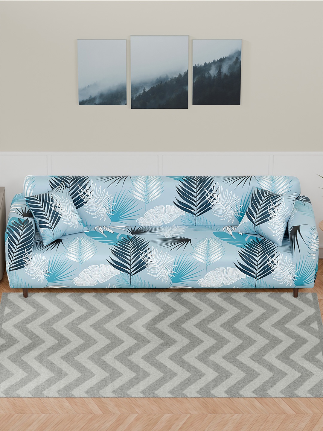 

Aura Blue & White Leaves Printed 4 Seater Sofa Cover With Arms