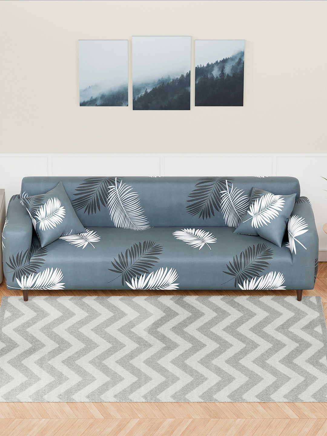 

Aura Grey & White Leaves Printed 4 Seater Sofa Cover With Arms