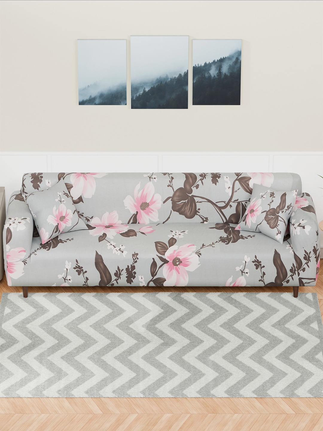 

Aura Grey & Pink Floral Printed 4 Seater Sofa Cover With Arms