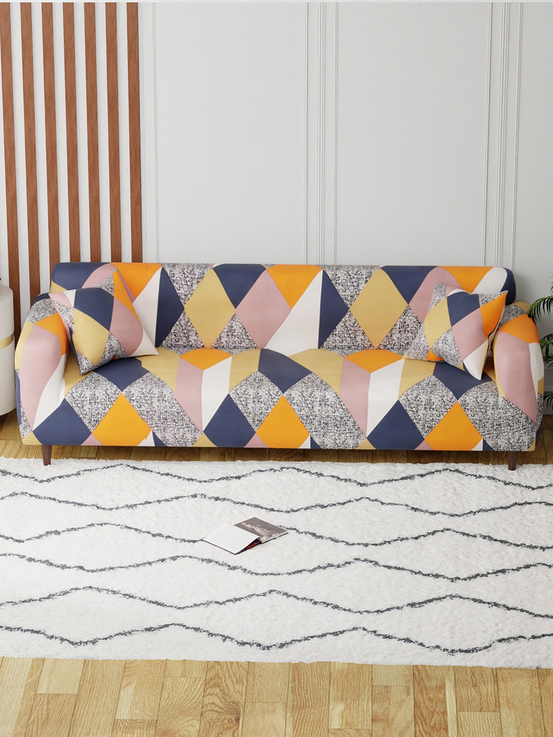 

Aura Navy Blue & Pink Geometric Printed 4 Seater Sofa Cover With Arms