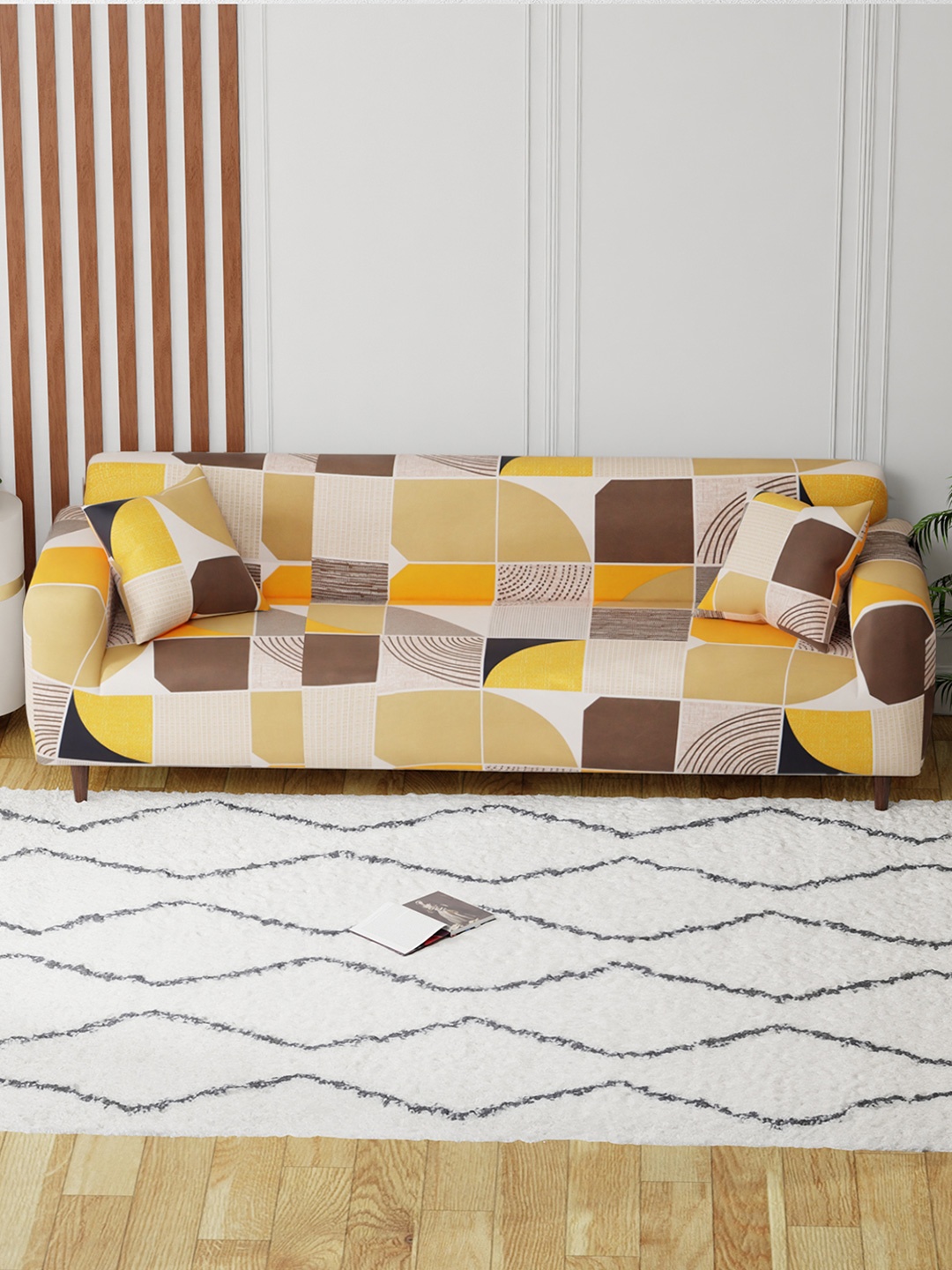 

Aura White & Orange Colored Abstract Printed 4 Seater Sofa Cover With Arms