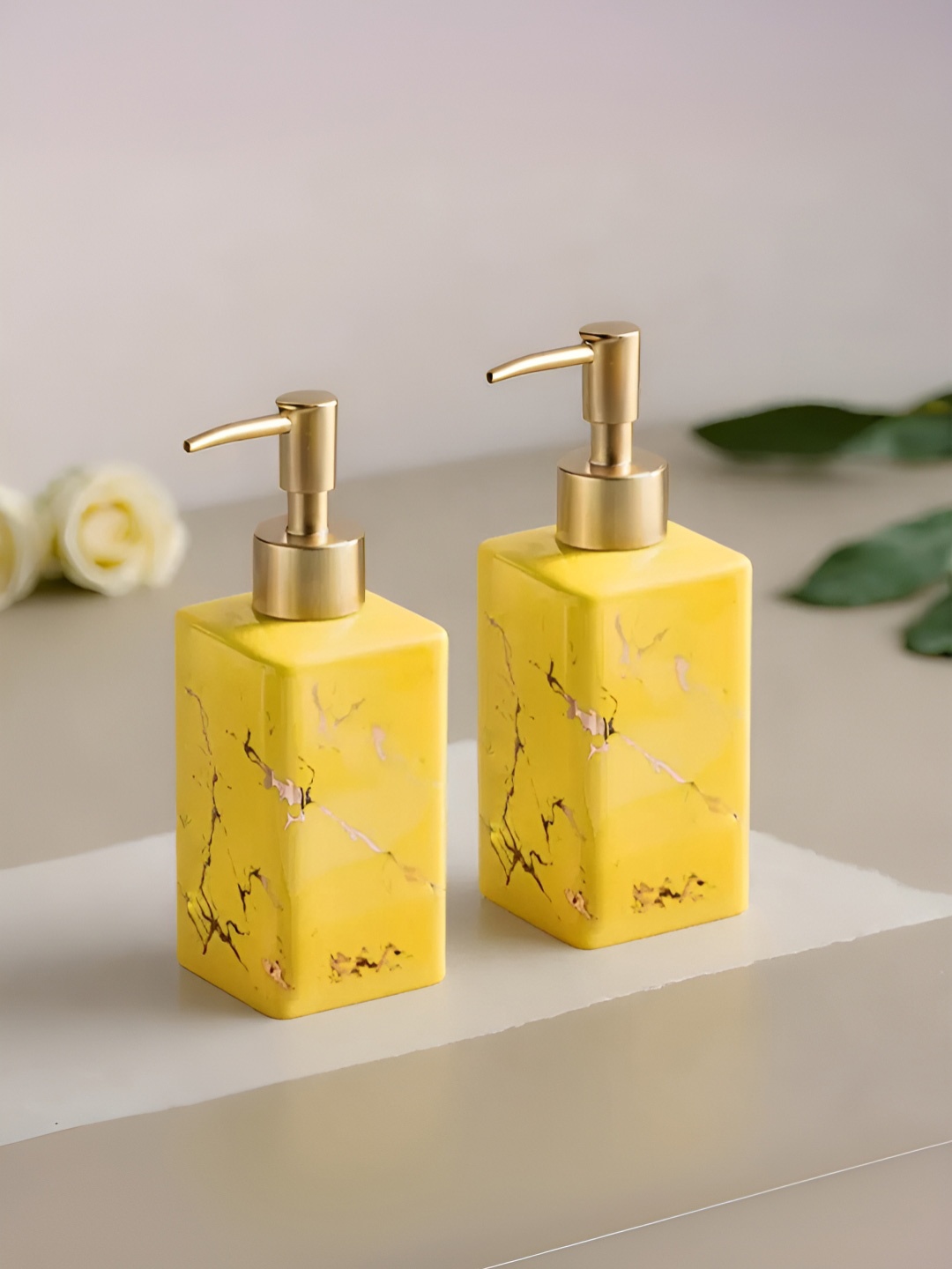 

UMAI Yellow & Gold-Toned 2 Pieces Abstract Ceramic Soap Dispenser