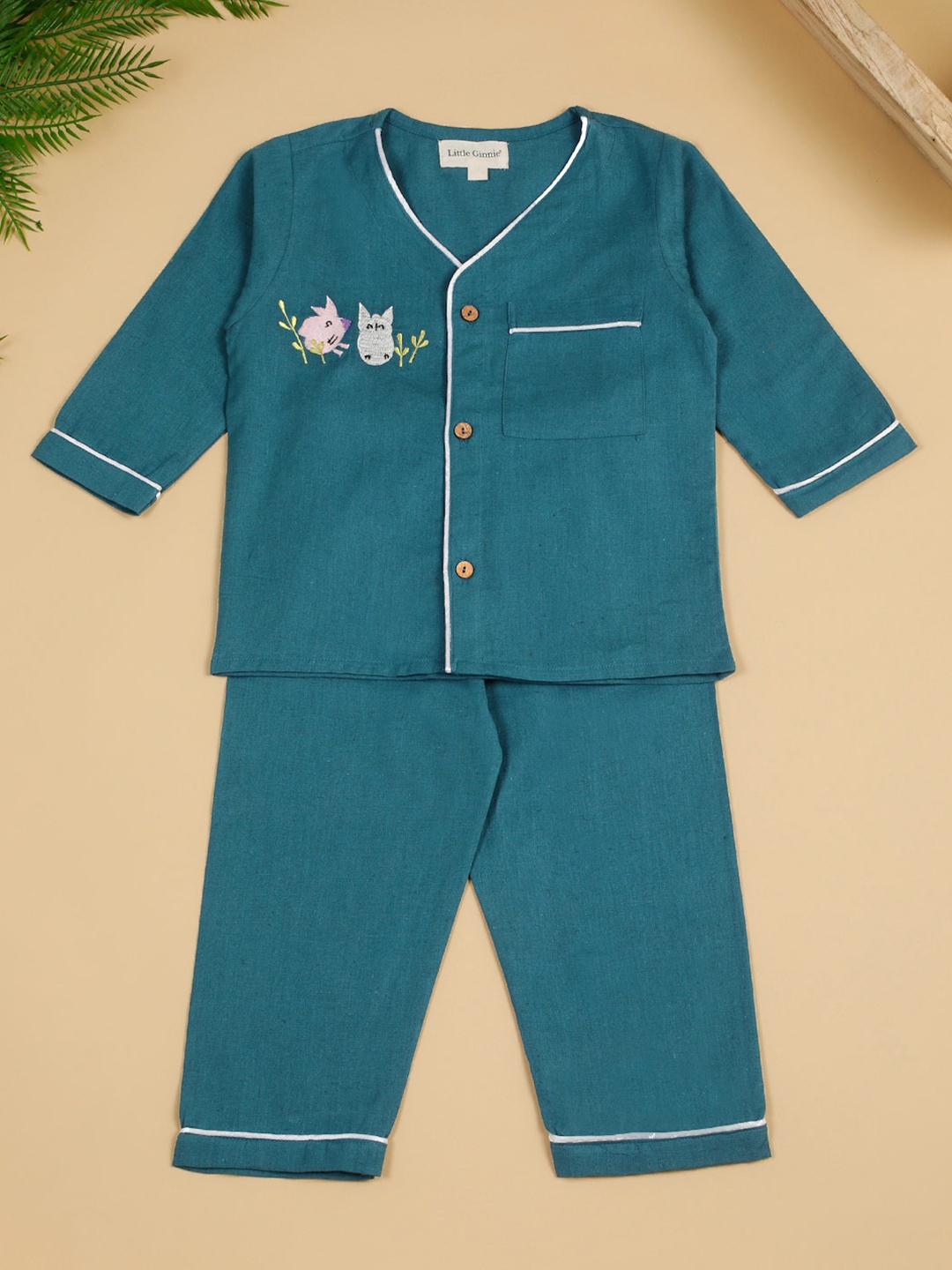 

LITTLE GINNIE Kids Embroidered Cotton Top With Trousers Night Suit, Green