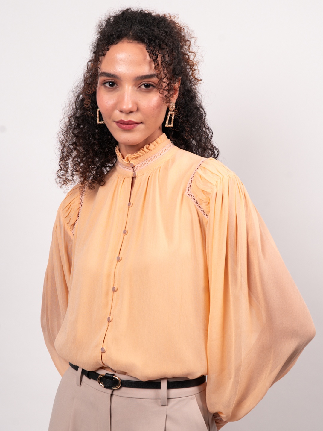 

Strong And Brave Women Premium Georgette Laced Casual Shirt, Peach