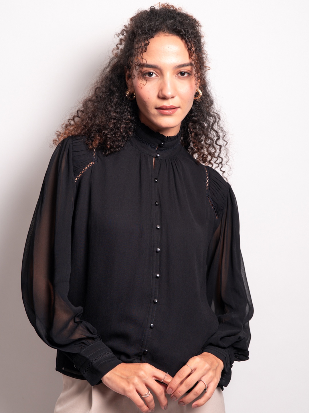 

Strong And Brave Women Premium Georgette Laced Casual Shirt, Black