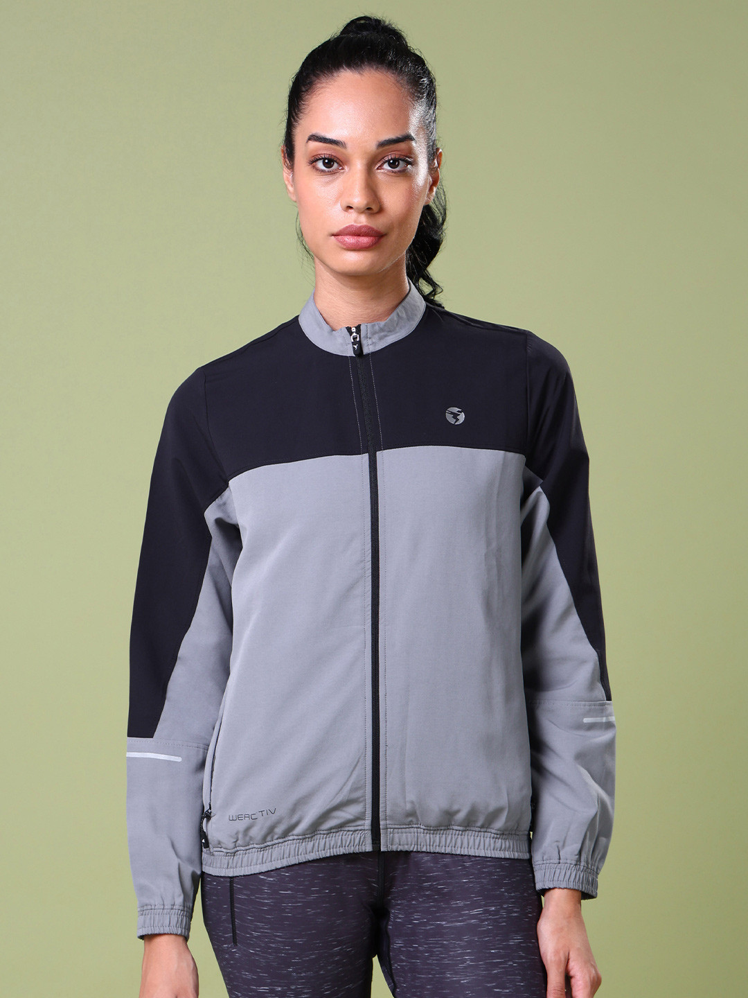 

Technosport Women Colorblocked Slim Fit Mock Neck Rapid-Dry Sports Jacket, Grey