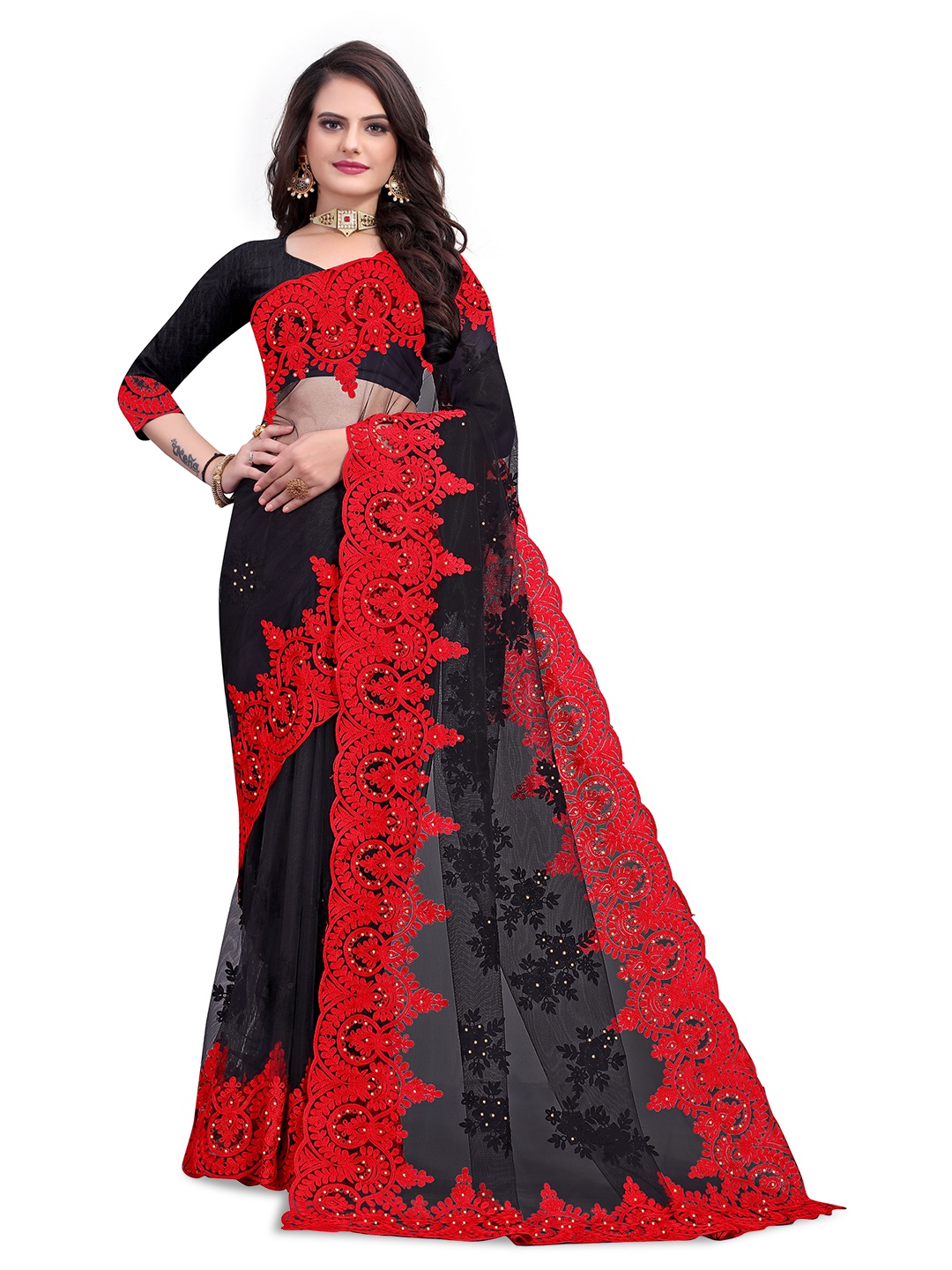 

Maroosh Floral Beads and Stones Net Saree, Black