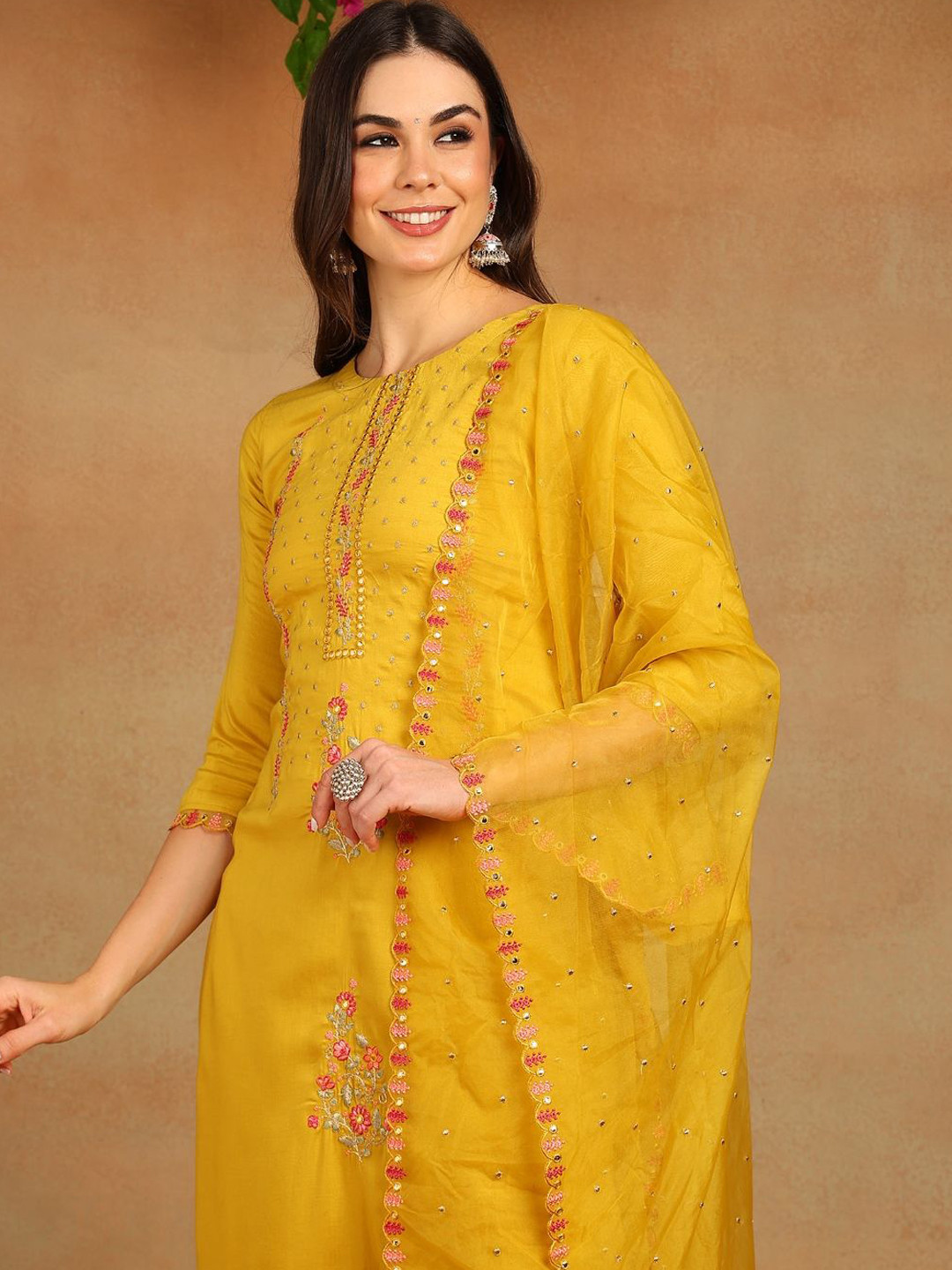 

AHIKA Women Embroidered Regular Thread Work Kurta with Trousers & With Dupatta, Yellow