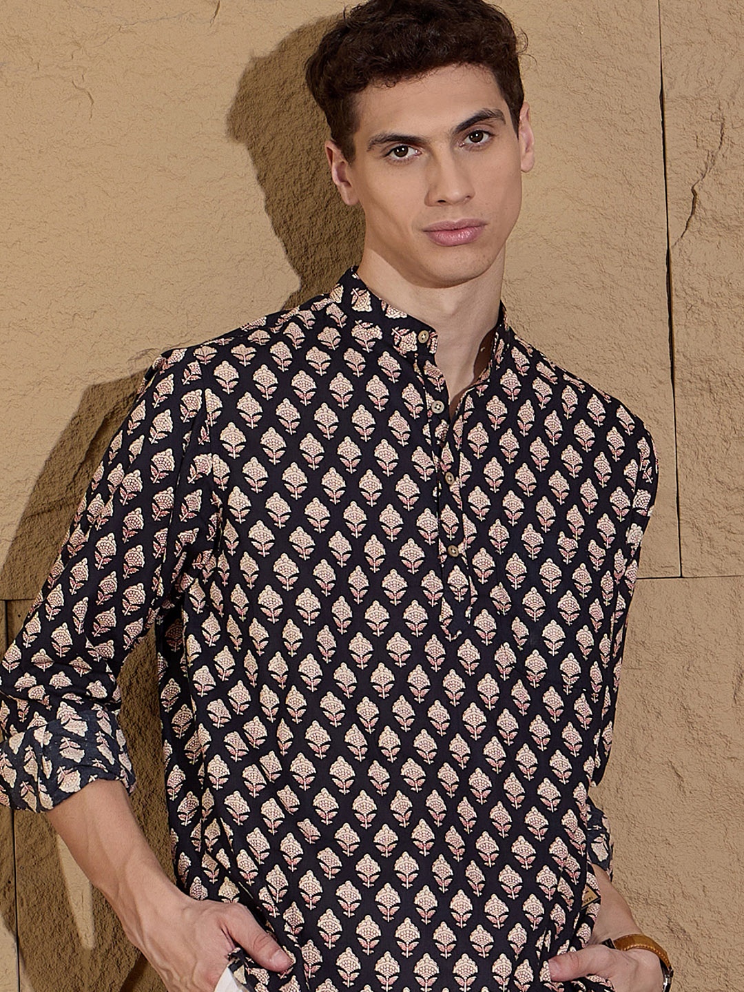 

DENNISON Floral Printed Band Collar Pure Cotton Straight Kurta, Black