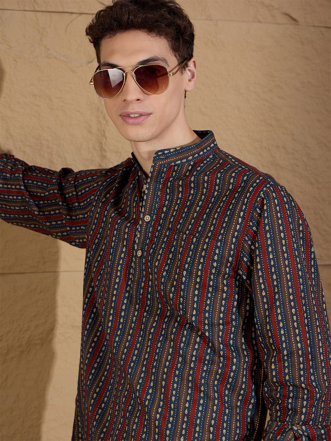 

DENNISON Striped Printed Pure Cotton Band Collar Straight Kurta, Navy blue
