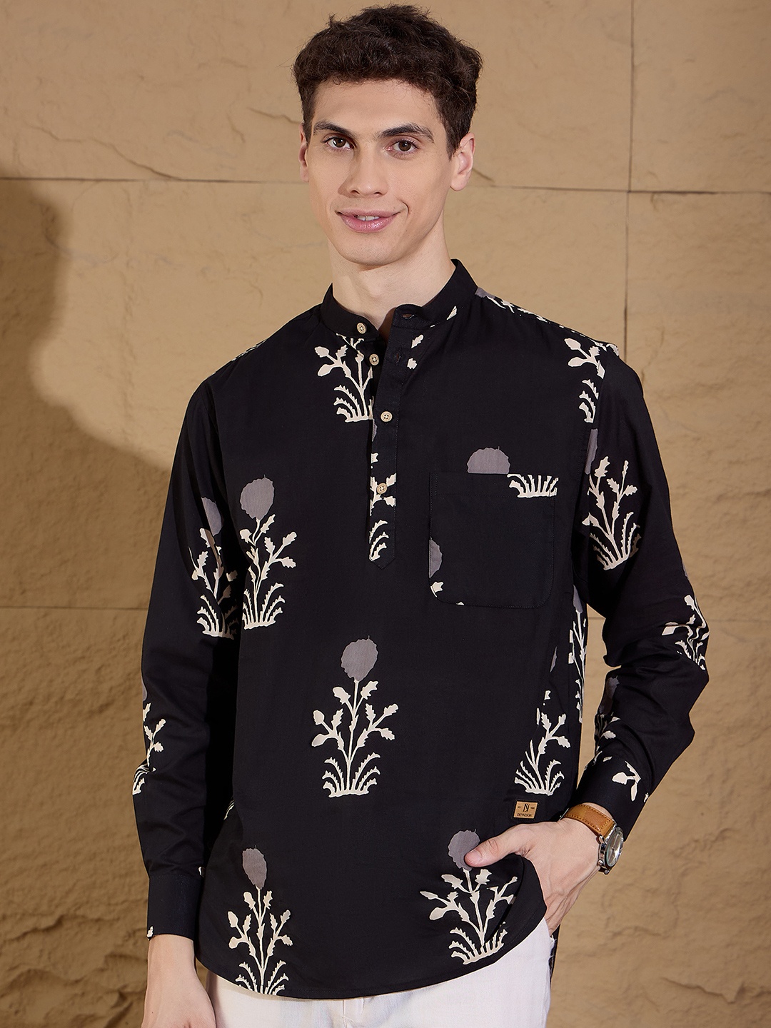 

DENNISON Floral Printed Pure Cotton Band Collar Straight Kurta, Black