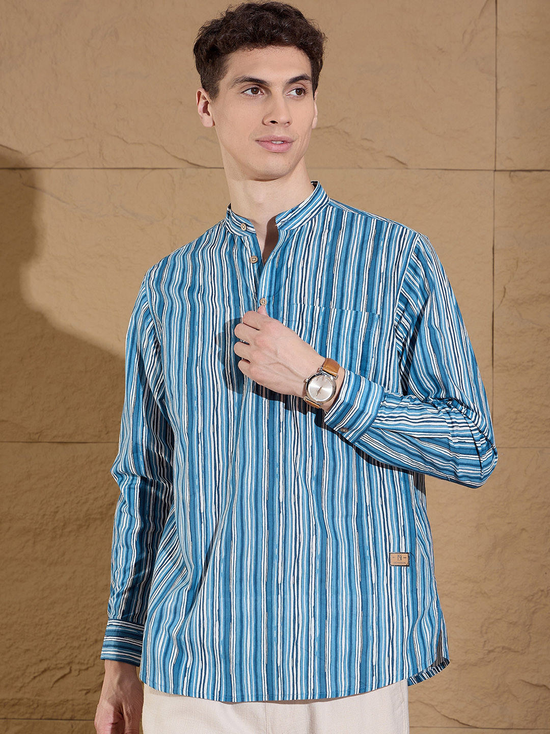 

DENNISON Striped Band Collar Pure Cotton Straight Short Kurta, Blue