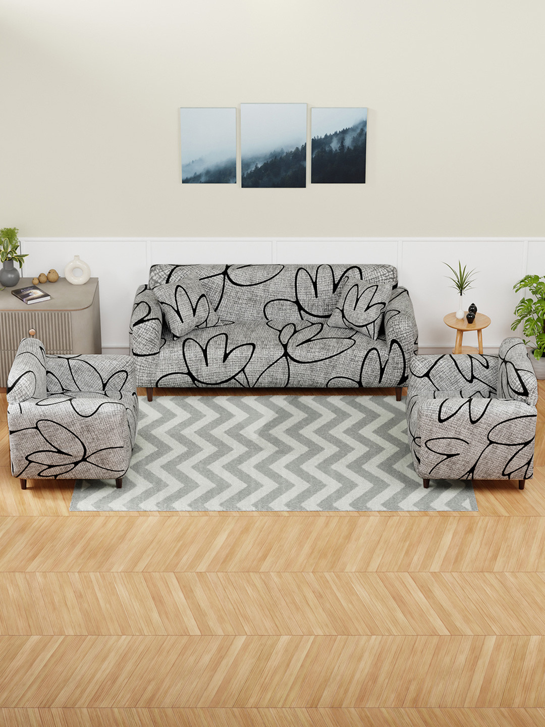 

Aura Grey & Black Tulip Printed 5 Seater Sofa Covers With Arms