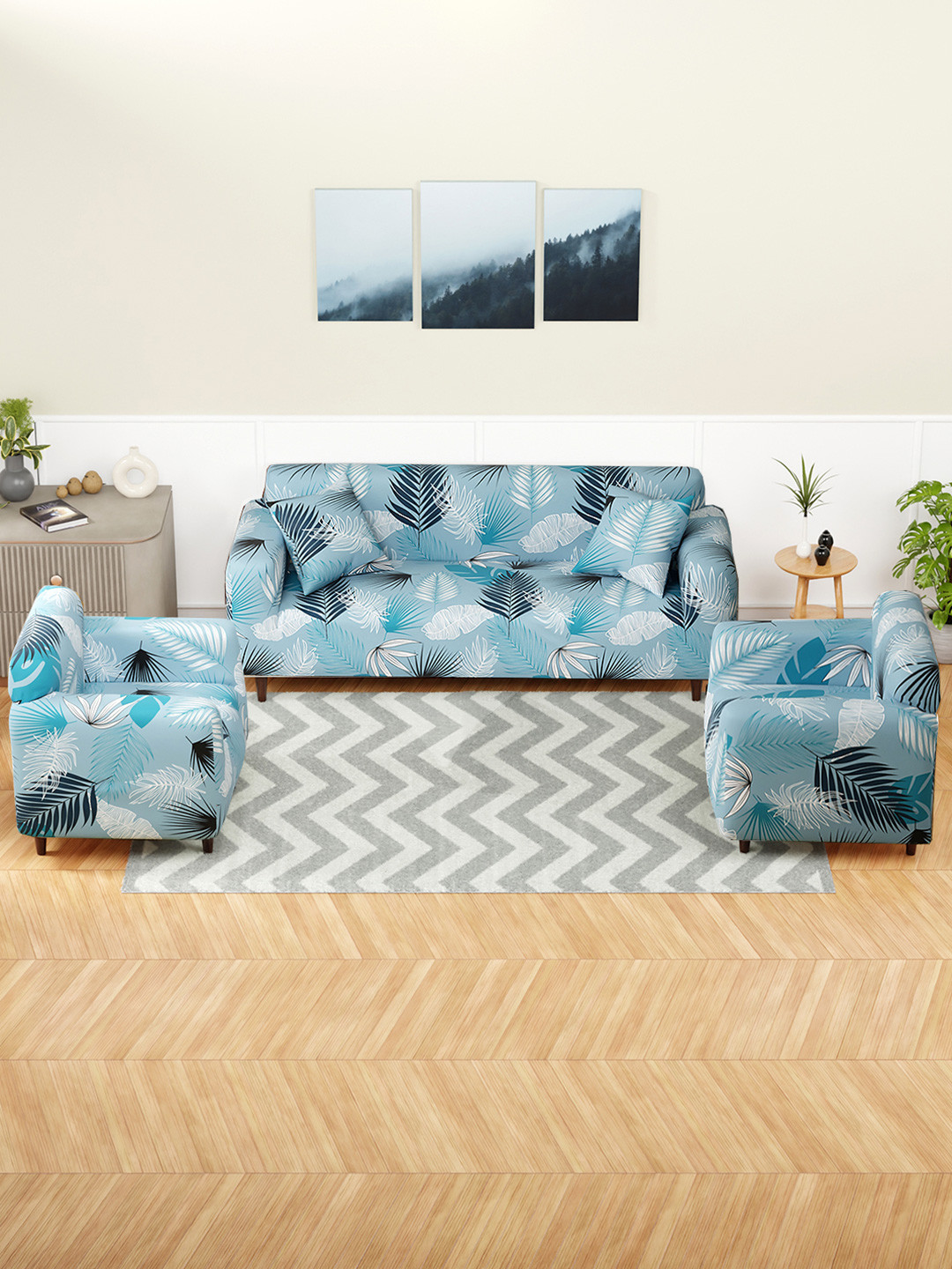 

Aura Blue & White 3 Pieces Tropical Printed 5-Seater Sofa Cover with 1 Cushion Cover