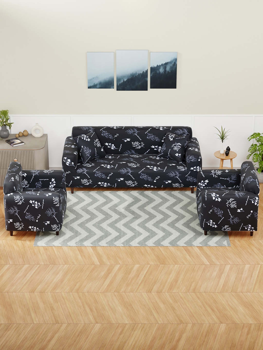 

Aura Black & White 3 Pieces Floral Printed 5 Seater Sofa Cover With Arms & Cushion Cover