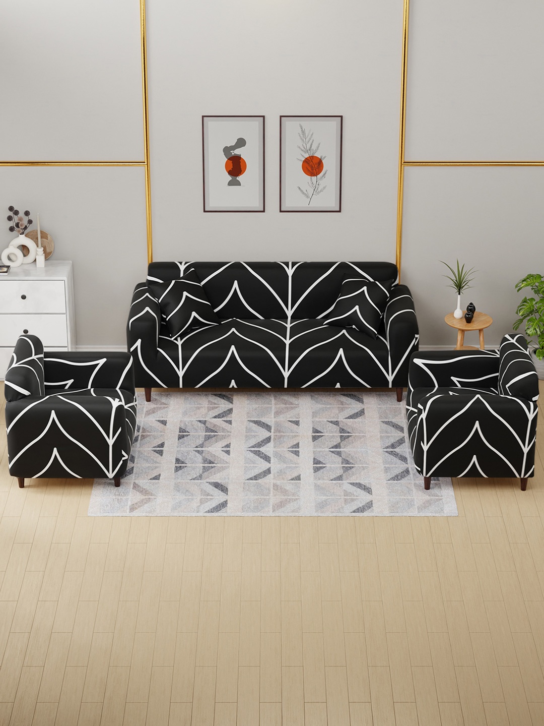 

Aura Black & White 3 Pieces Abstract Printed 5 Seater Sofa Covers With Arms