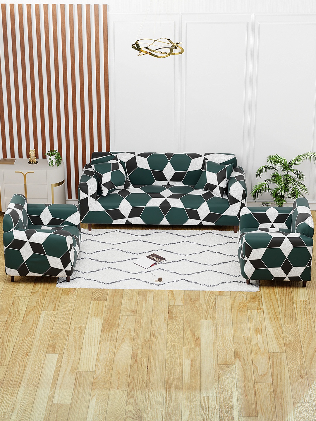 

Aura Green & Grey 3 Pieces Geometric Printed Sofa Covers With Arms