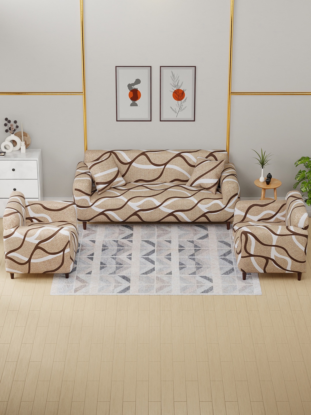 

Aura Beige & White 3 Pieces Abstract Printed 5 Seater Sofa Covers With Arms