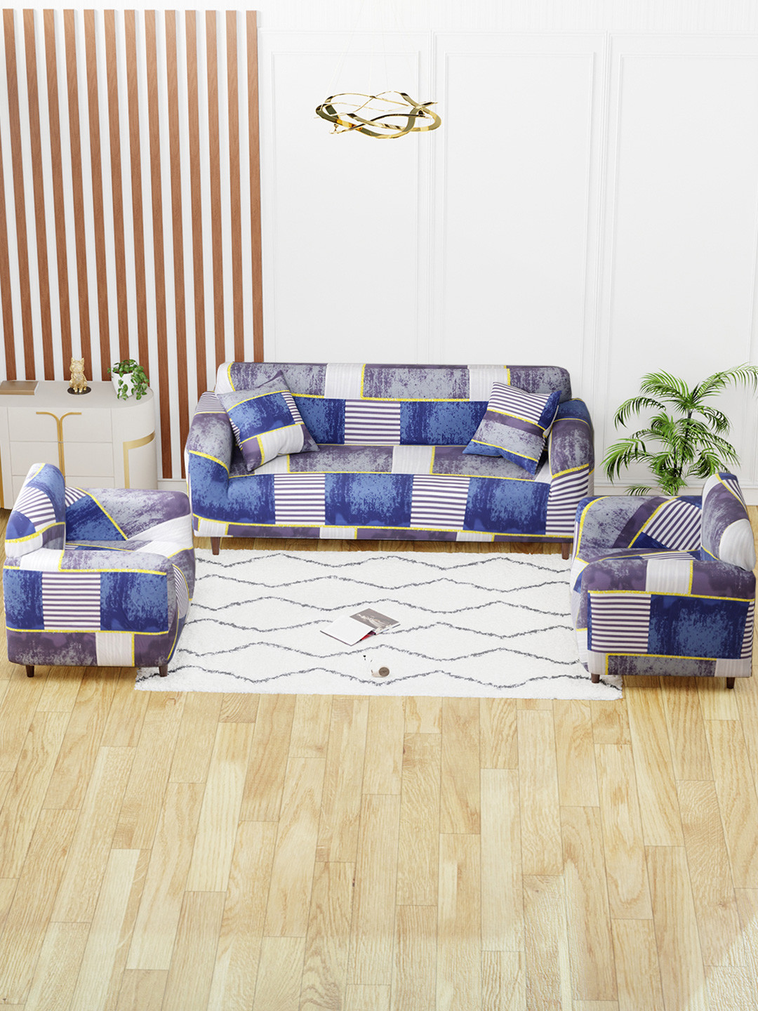 

Aura Blue & White 3 Pieces Geometric Printed 5 Seater Sofa Cover With Arms & Cushion Cover