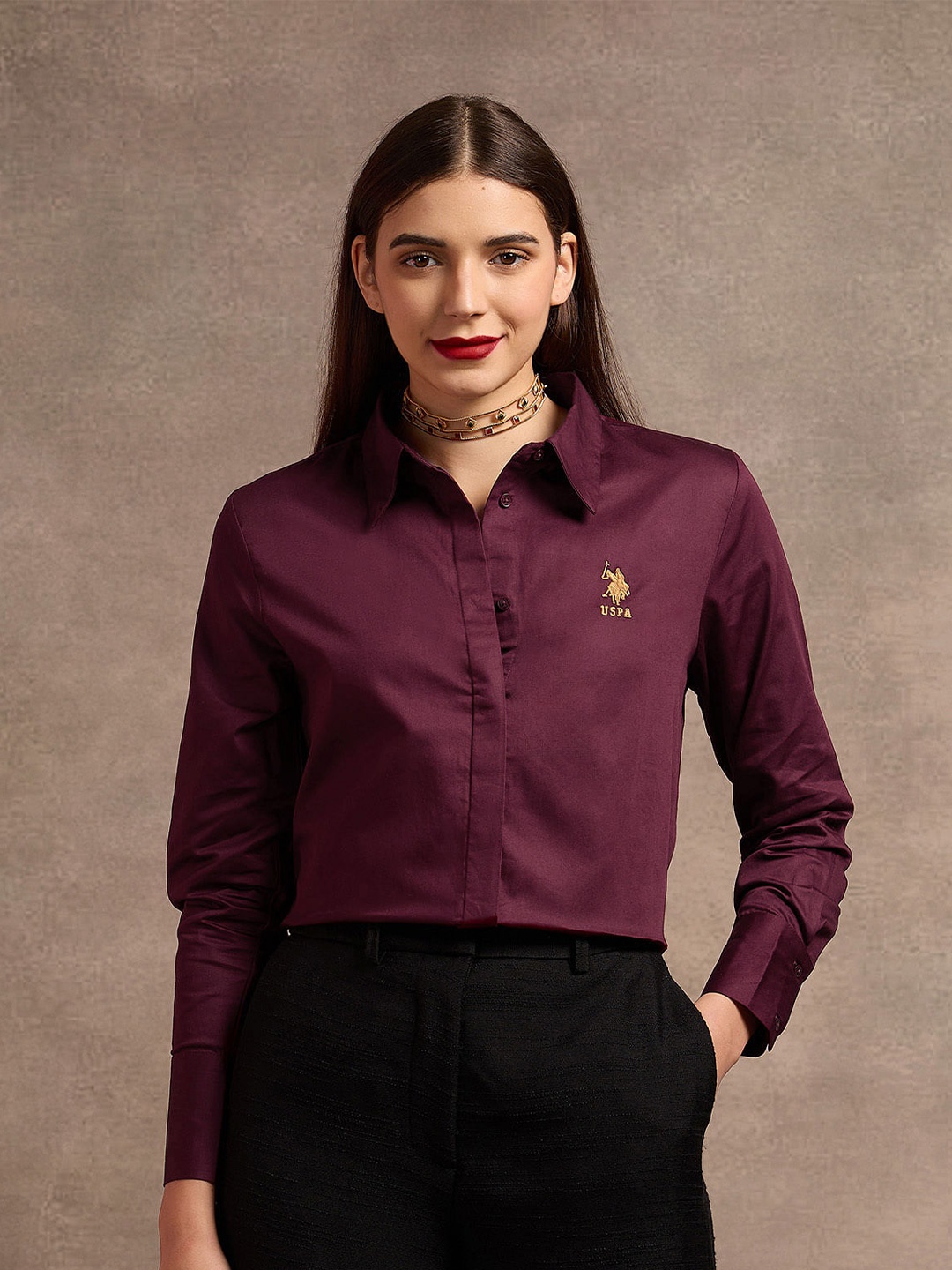 

U.S. Polo Assn. Women Spread Collar Solid Cotton Relaxed Fit Casual Shirt, Maroon