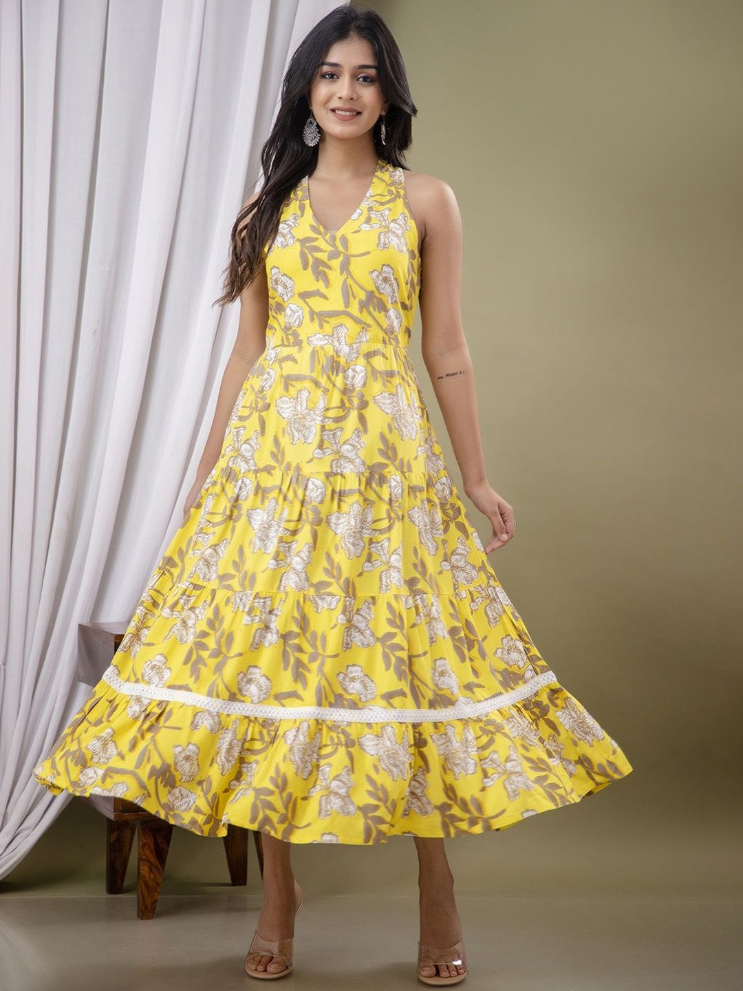 

A&K Floral Printed A-Line Midi Ethnic Dress, Yellow