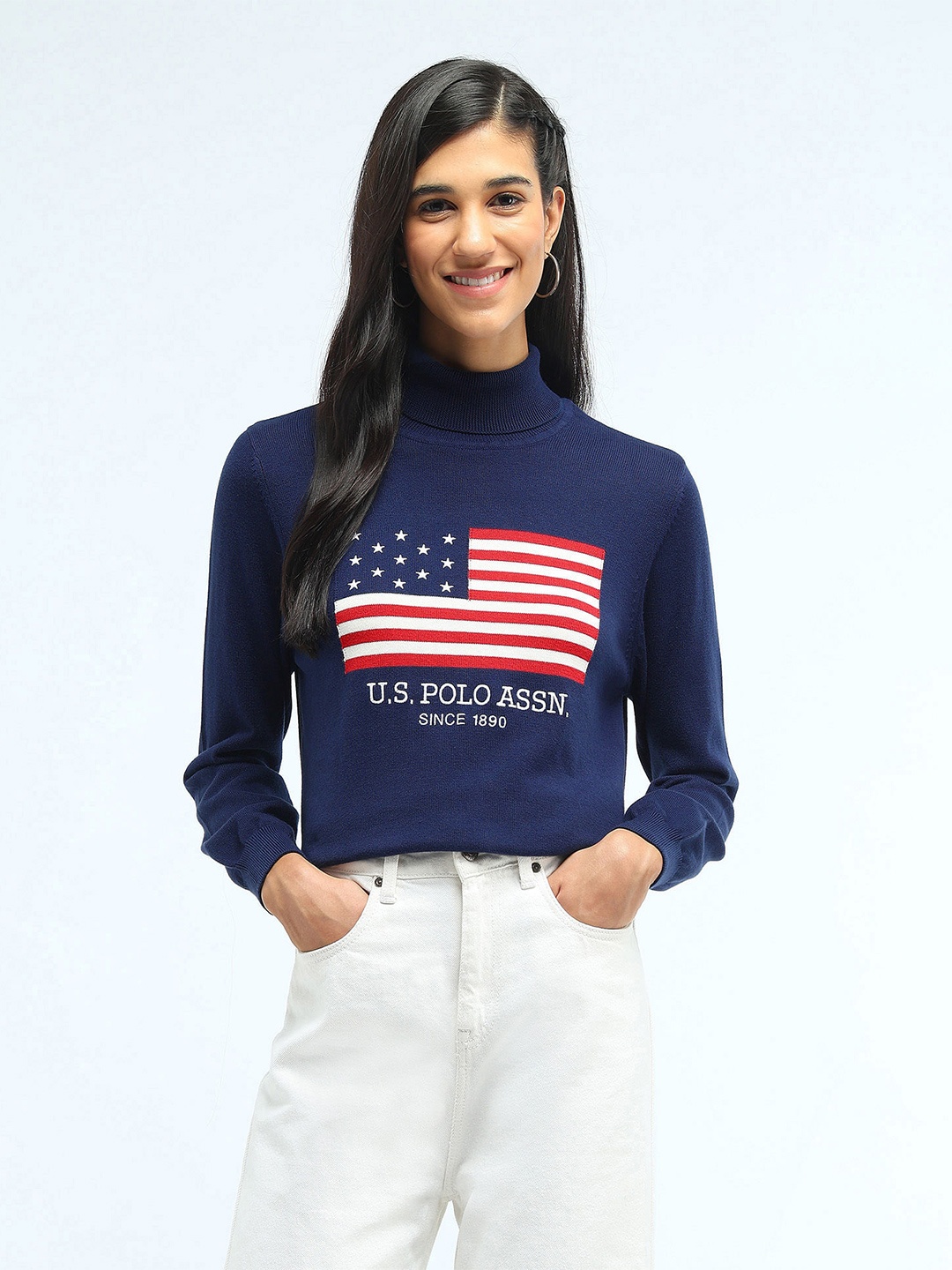 

U.S. Polo Assn. Women Cotton Turtle Neck Self Design Pullover Sweaters, Blue