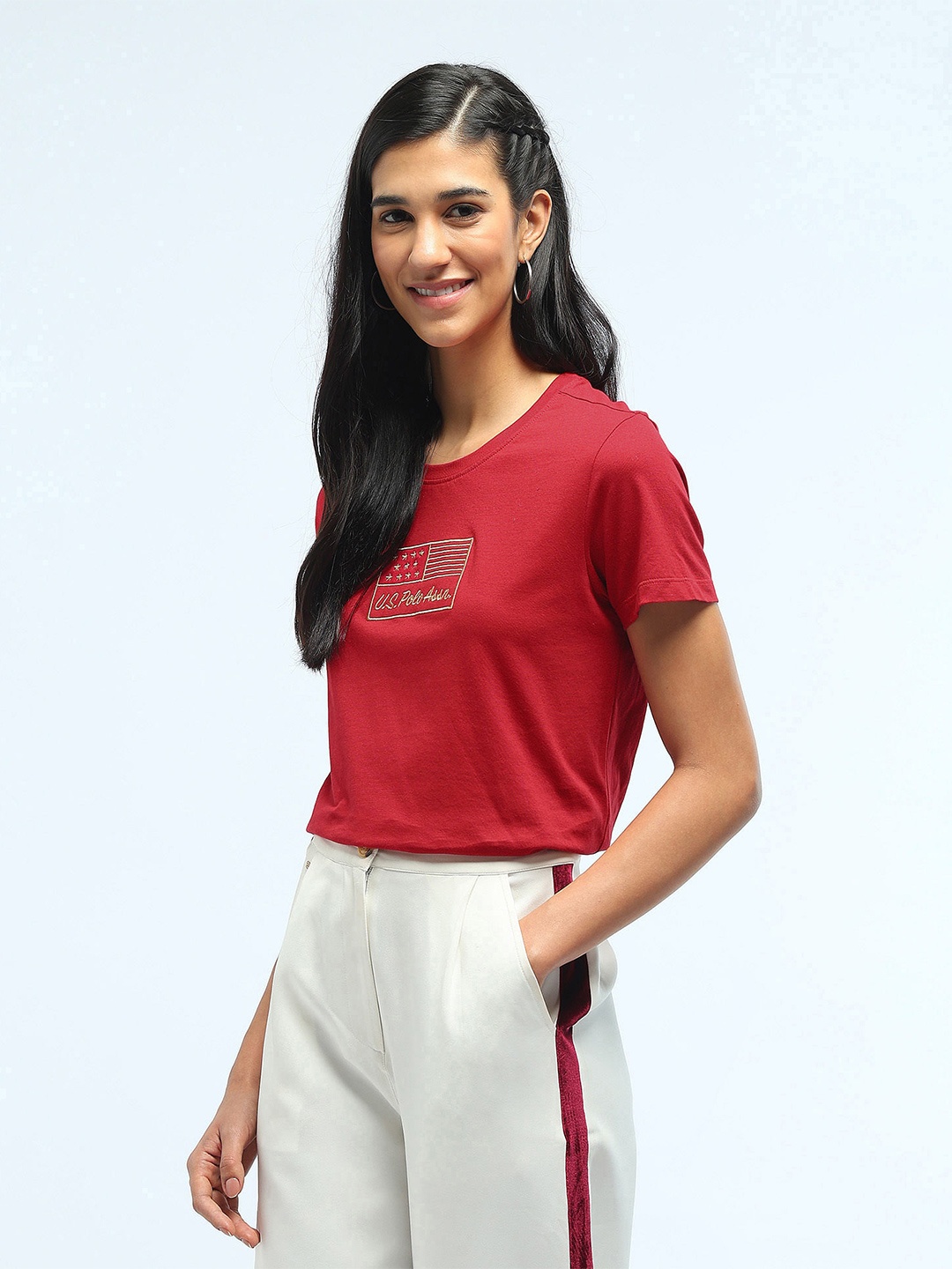 

U.S. Polo Assn. Women Typography Printed Round Neck Pure Cotton T-shirt, Red