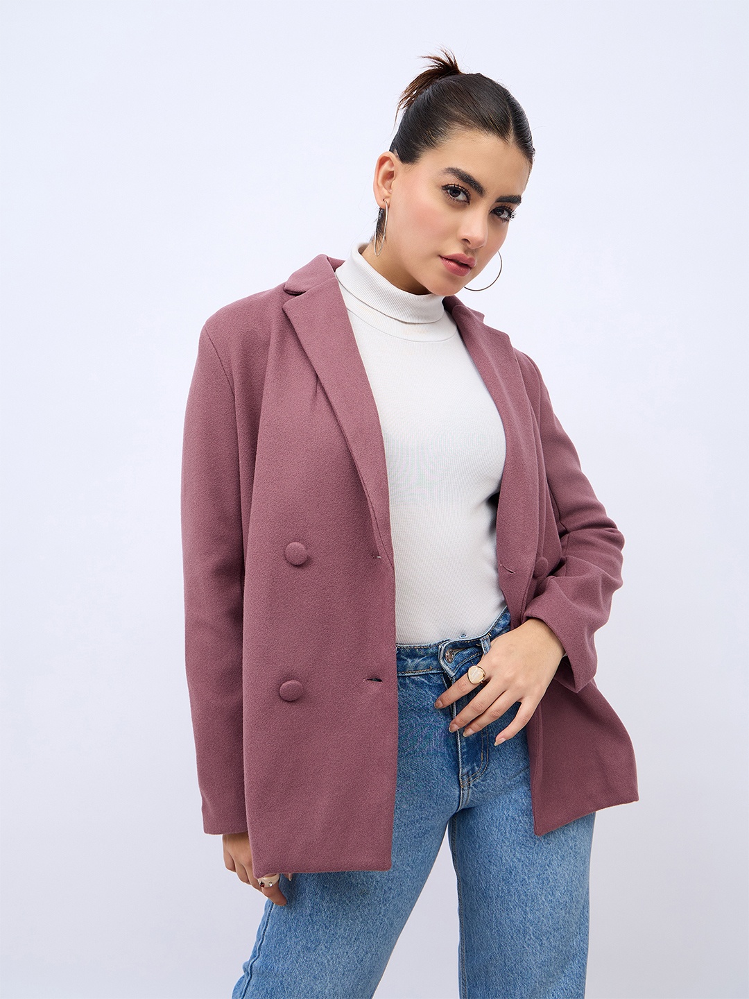 

Styli Notched Lapel Double Breasted Longline Casual Blazer, Burgundy