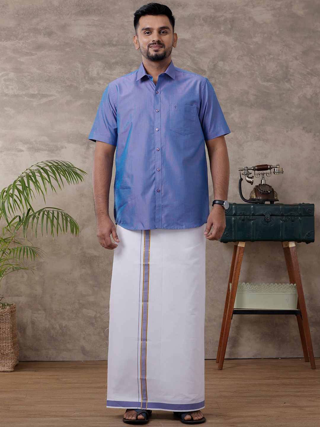 

RAMRAJ Men Solid Traditional Cotton Shirt And Matching Fancy Border Dhoti, Blue