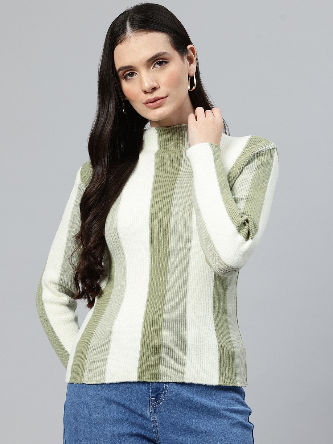 

One Femme Women Striped Woollen Pullover, Off white