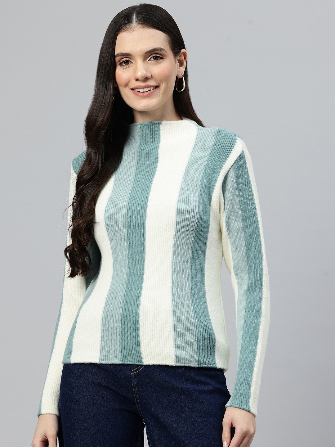 

One Femme Women Striped Woollen Pullover, Off white