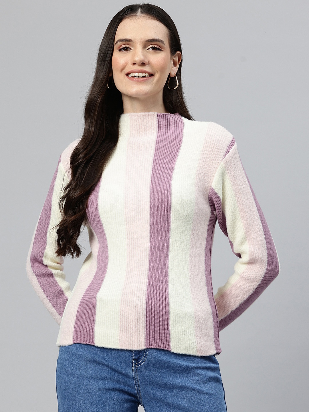 

One Femme Women Striped Woollen Pullover, Off white