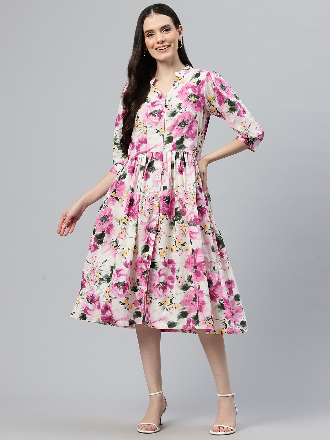 

One Femme Floral Print Puff Sleeve Fit & Flare Midi Dress, White