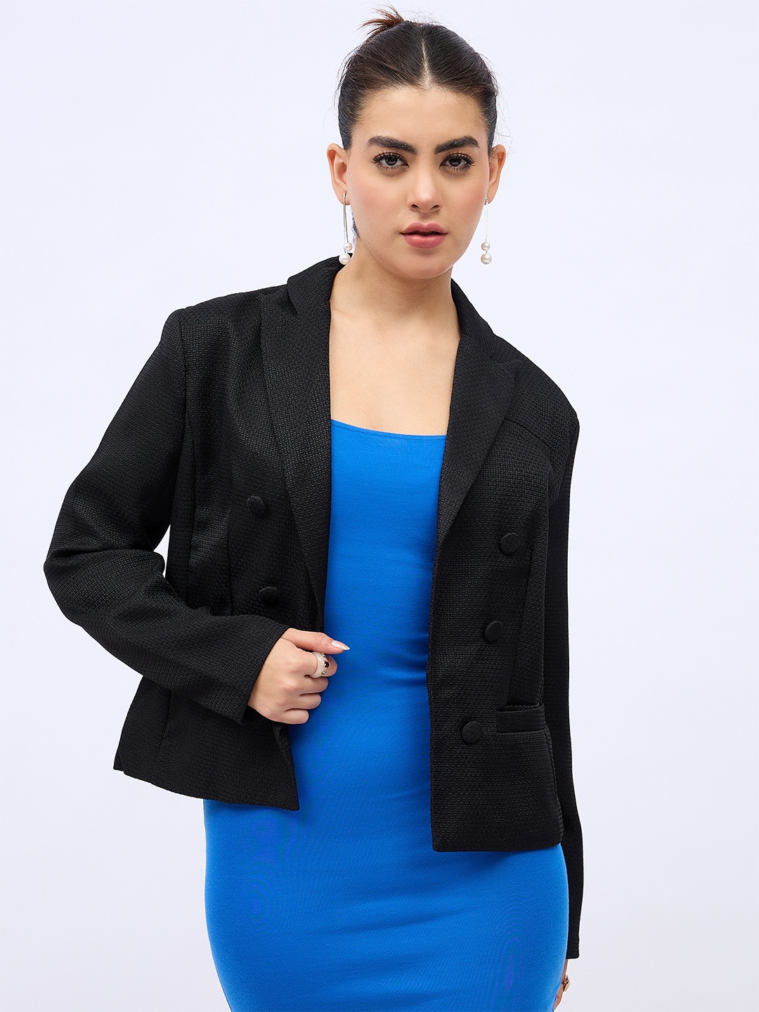 

Styli Self Design Notched Lapel Double Breasted Tweed Blazer, Black