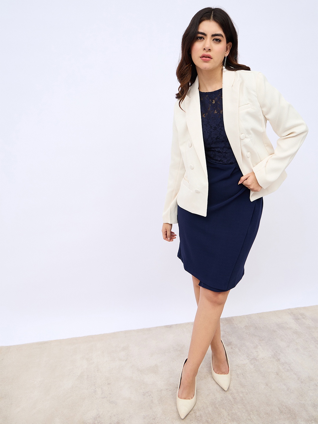 

Styli Self Design Notched Lapel Double Breasted Tweed Blazer, Beige