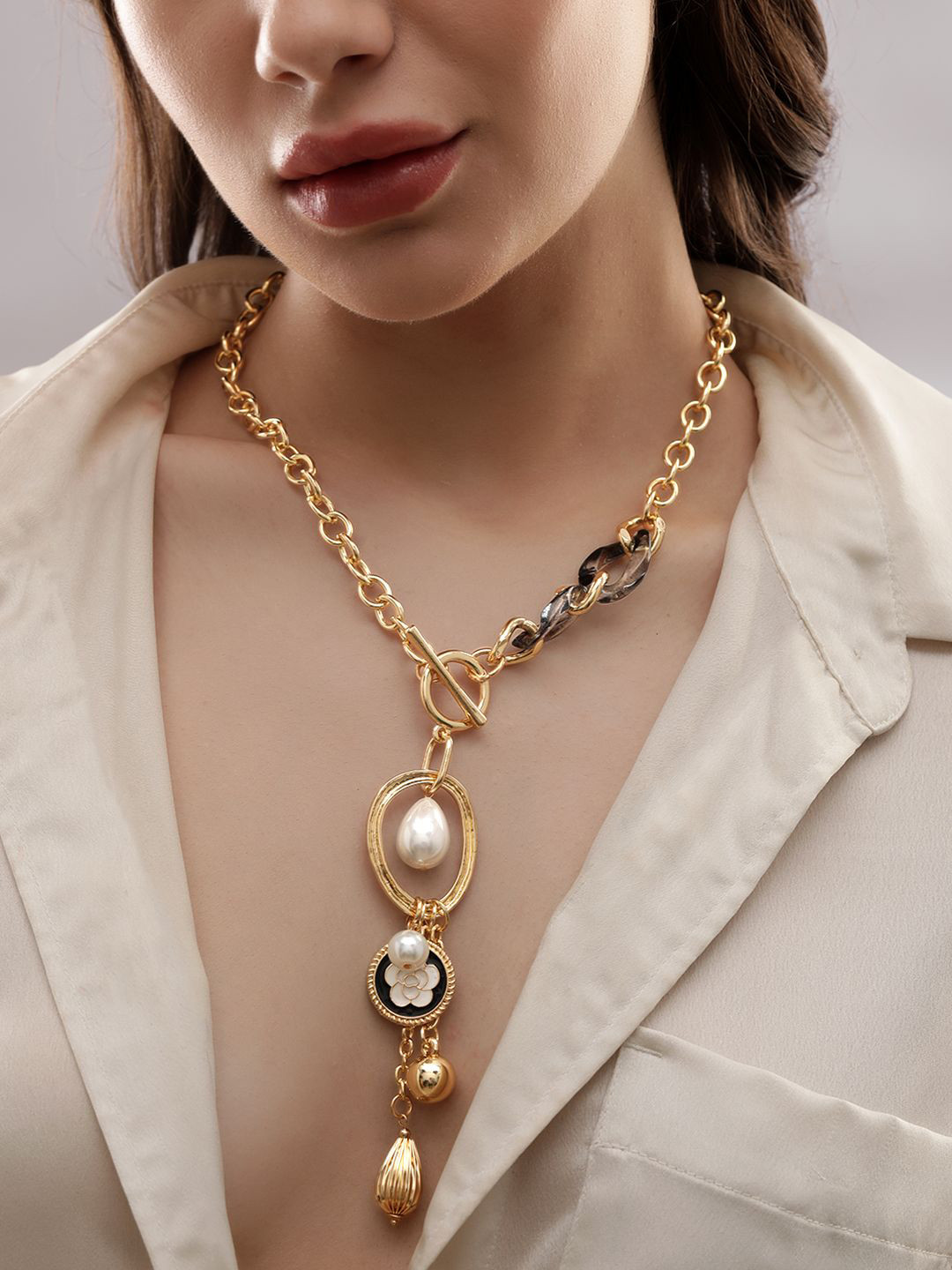 

Rubans 18K Gold Plated Link Necklace with Pearls & Charms