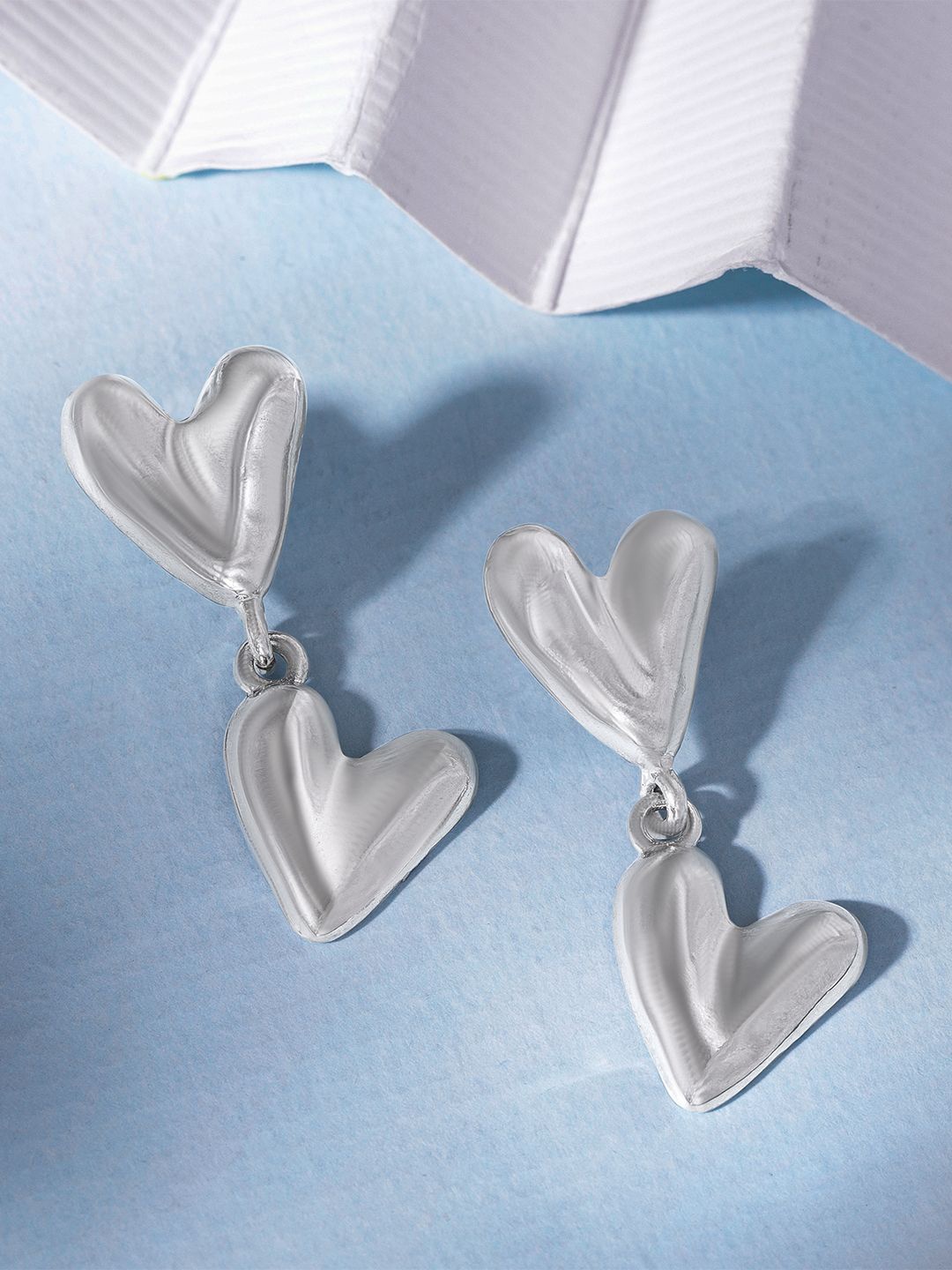 

Rubans Rhodium-Plated Crystals AD and Zirconia Studded Double Heart Shaped Drop Earrings, Silver