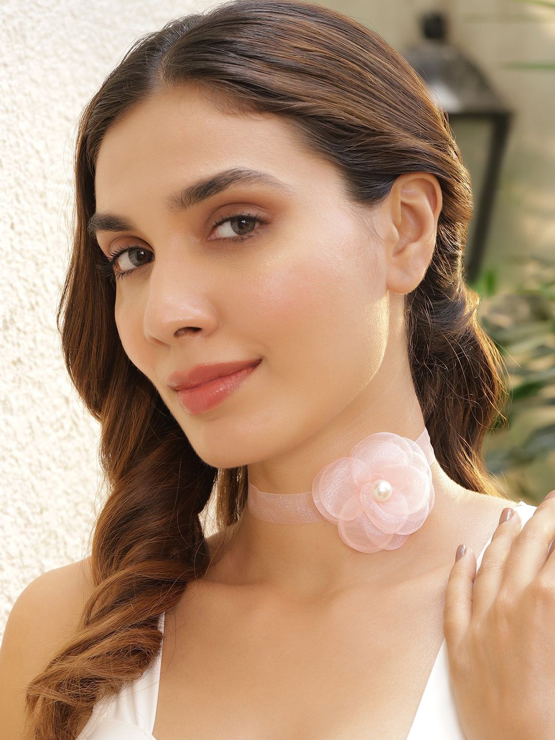 

Rubans Delicate Pink Floral Choker Necklace with Organza Flower & Pearl Centerpiece