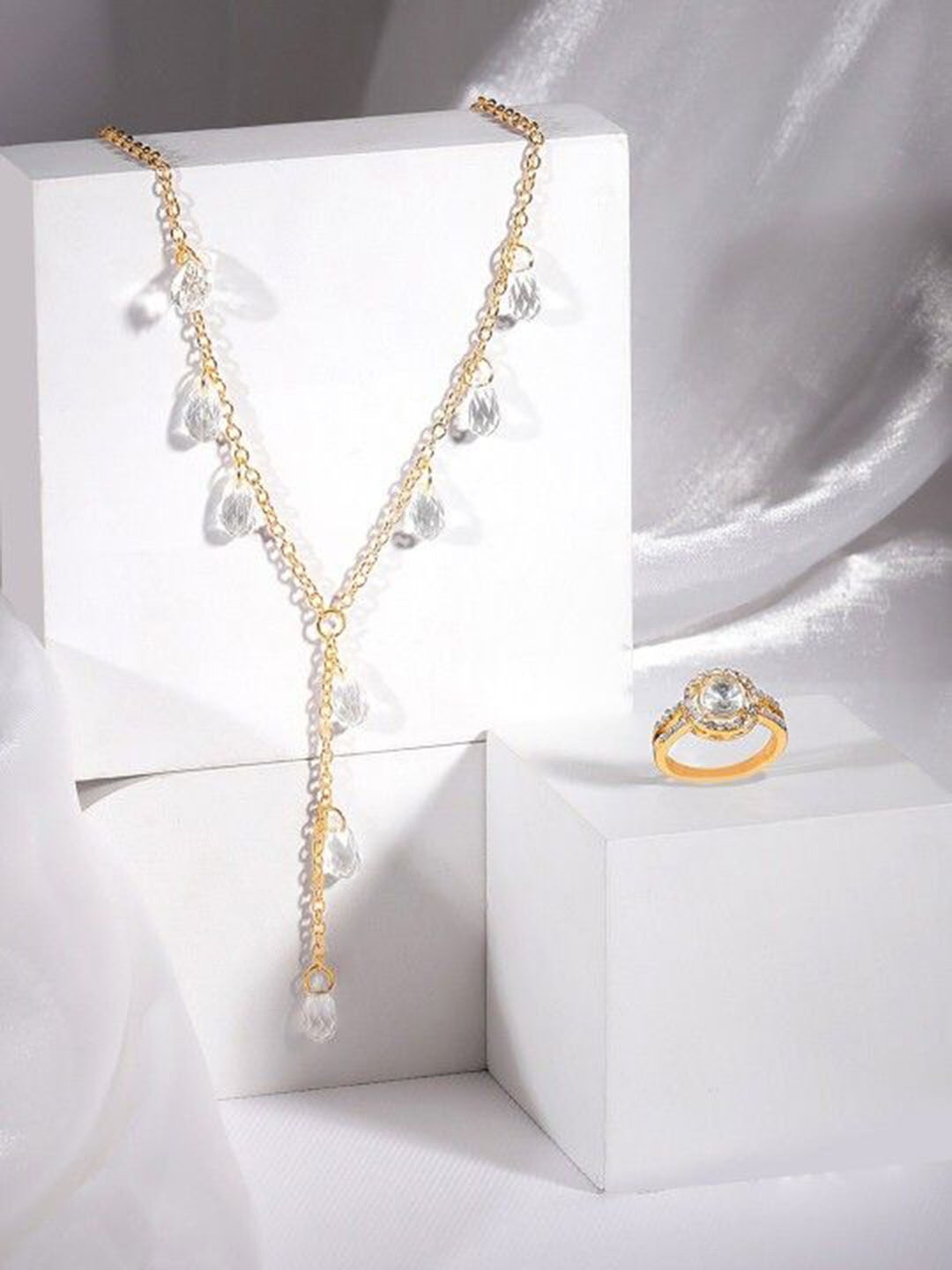 

Rubans 18K Gold-Plated Stone-Studded Beaded Necklace & Ring Combo Jewellery Set